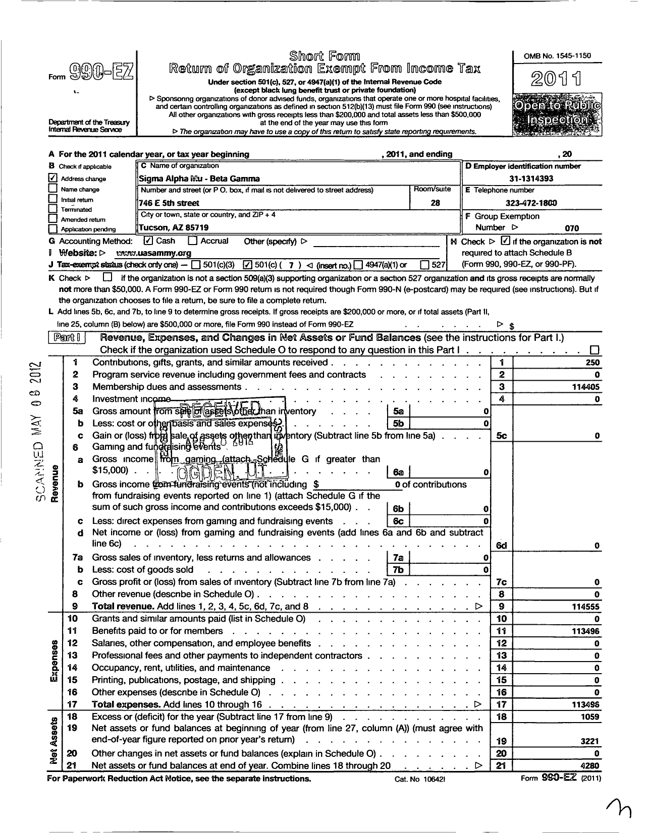 Image of first page of 2011 Form 990EO for Sigma Alpha Mu Fraternity Beta Gamma Chapter