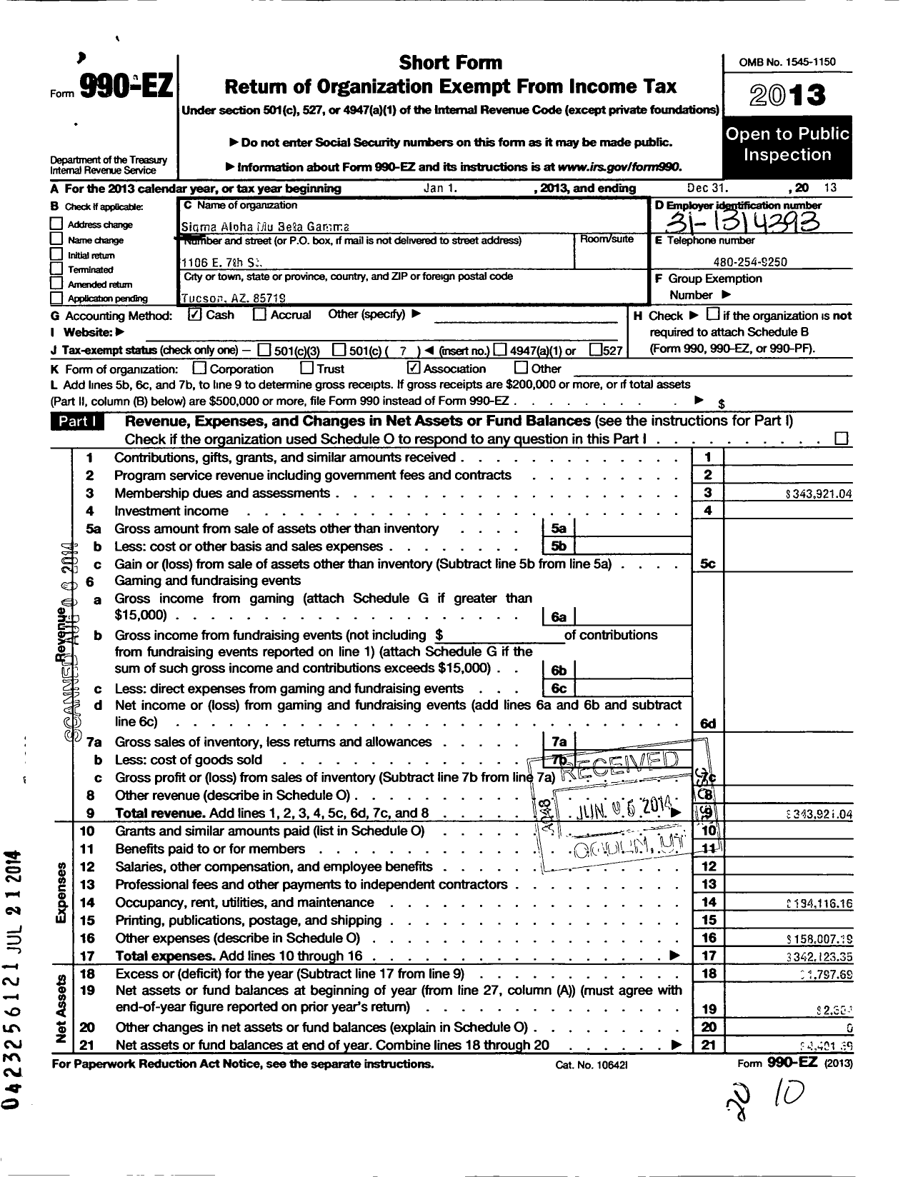 Image of first page of 2013 Form 990EO for Sigma Alpha Mu Fraternity Beta Gamma Chapter