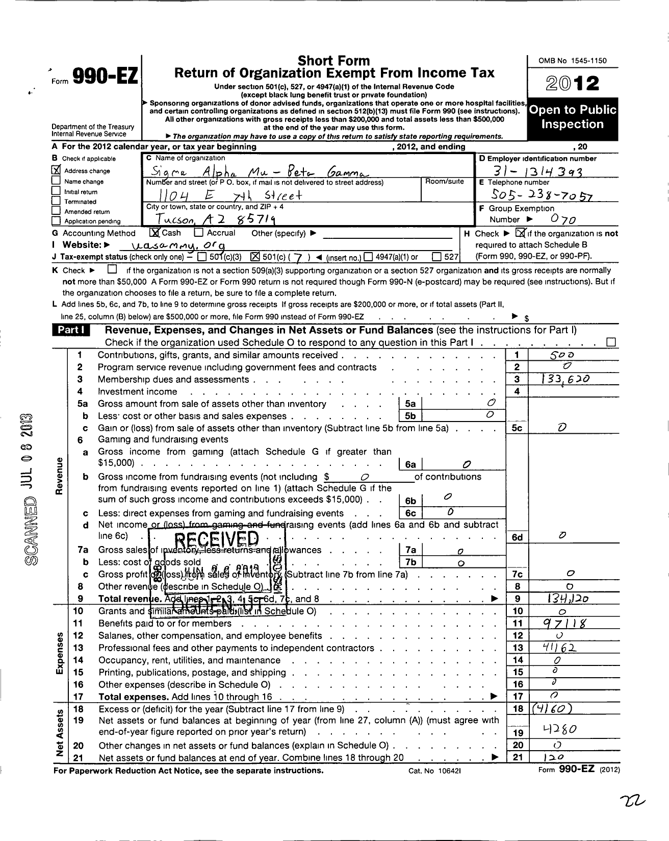 Image of first page of 2012 Form 990EO for Sigma Alpha Mu Fraternity Beta Gamma Chapter