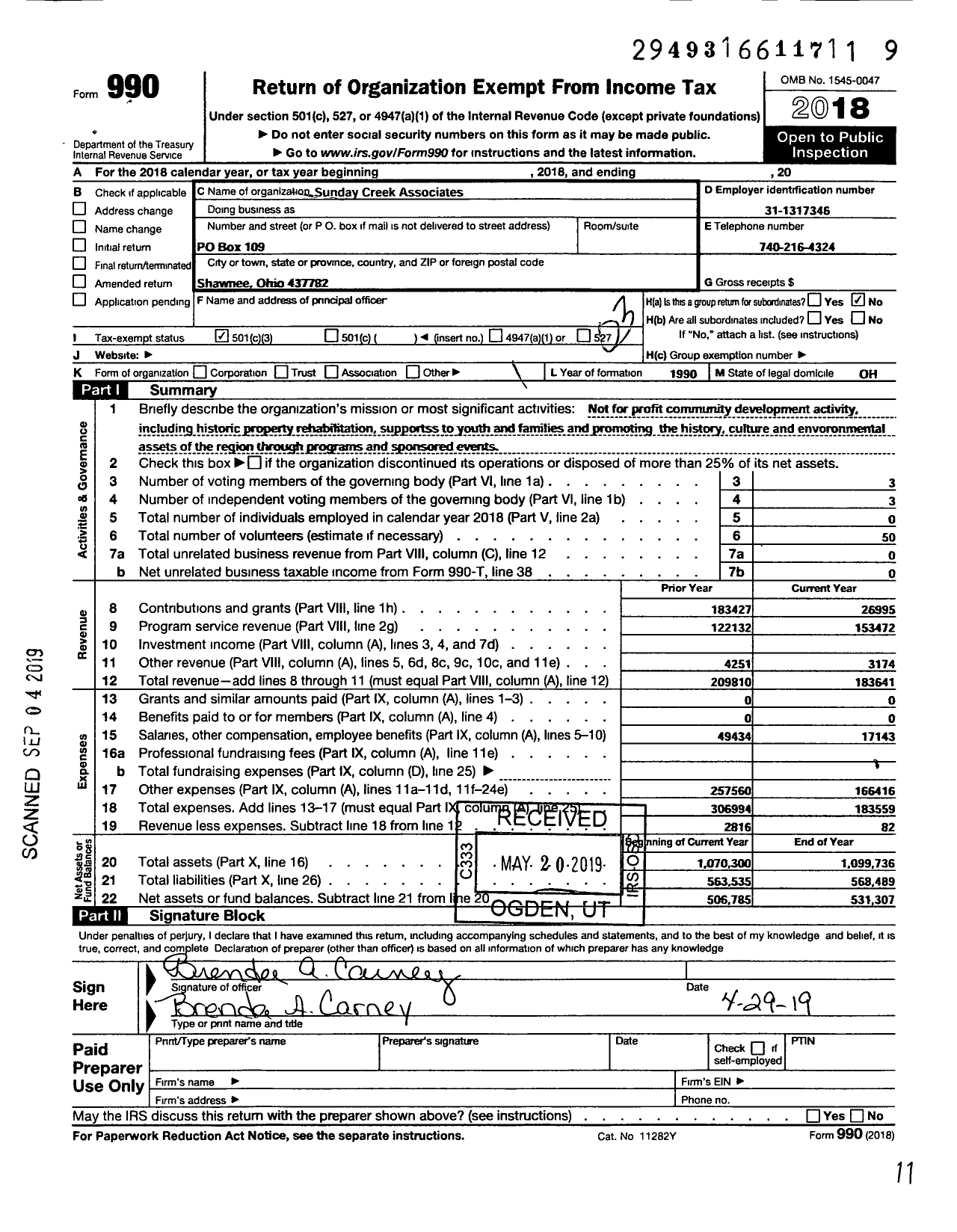 Image of first page of 2018 Form 990 for Sunday Creek Associates