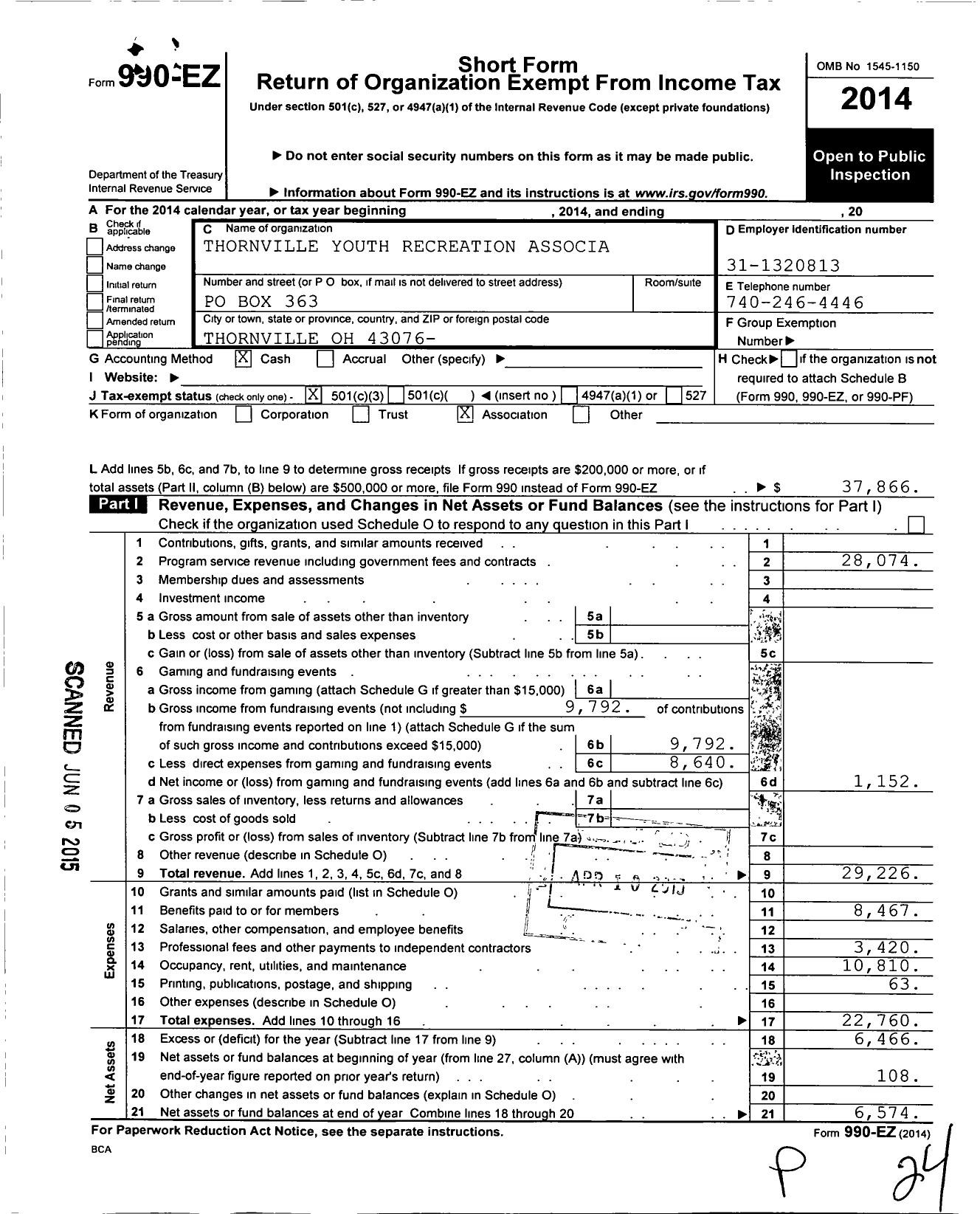 Image of first page of 2014 Form 990EZ for Thornville Youth Recreation Association