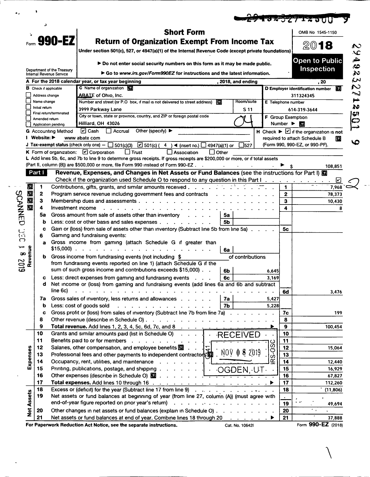 Image of first page of 2018 Form 990EO for ABATE of Ohio