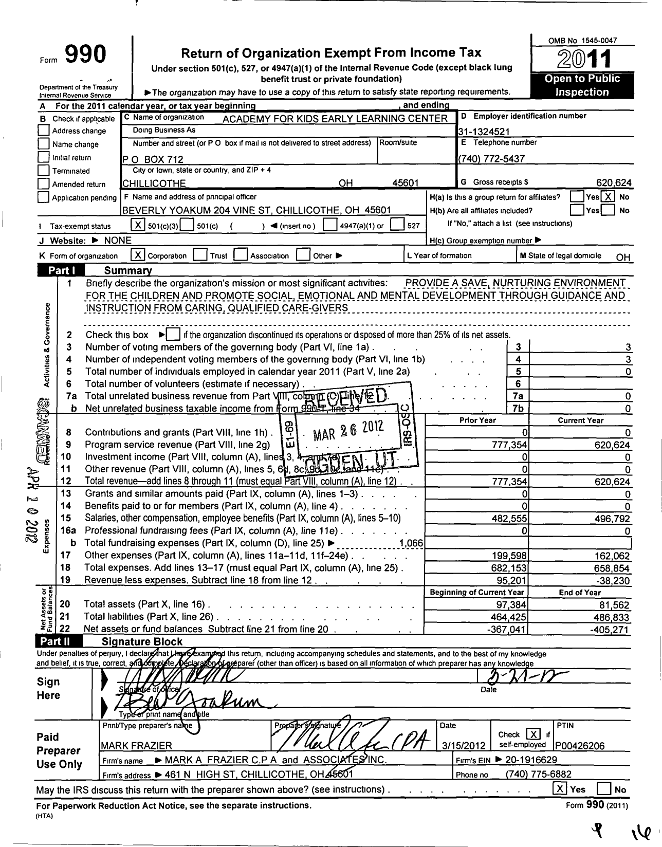Image of first page of 2011 Form 990 for Academy for Kids Early Learning Center