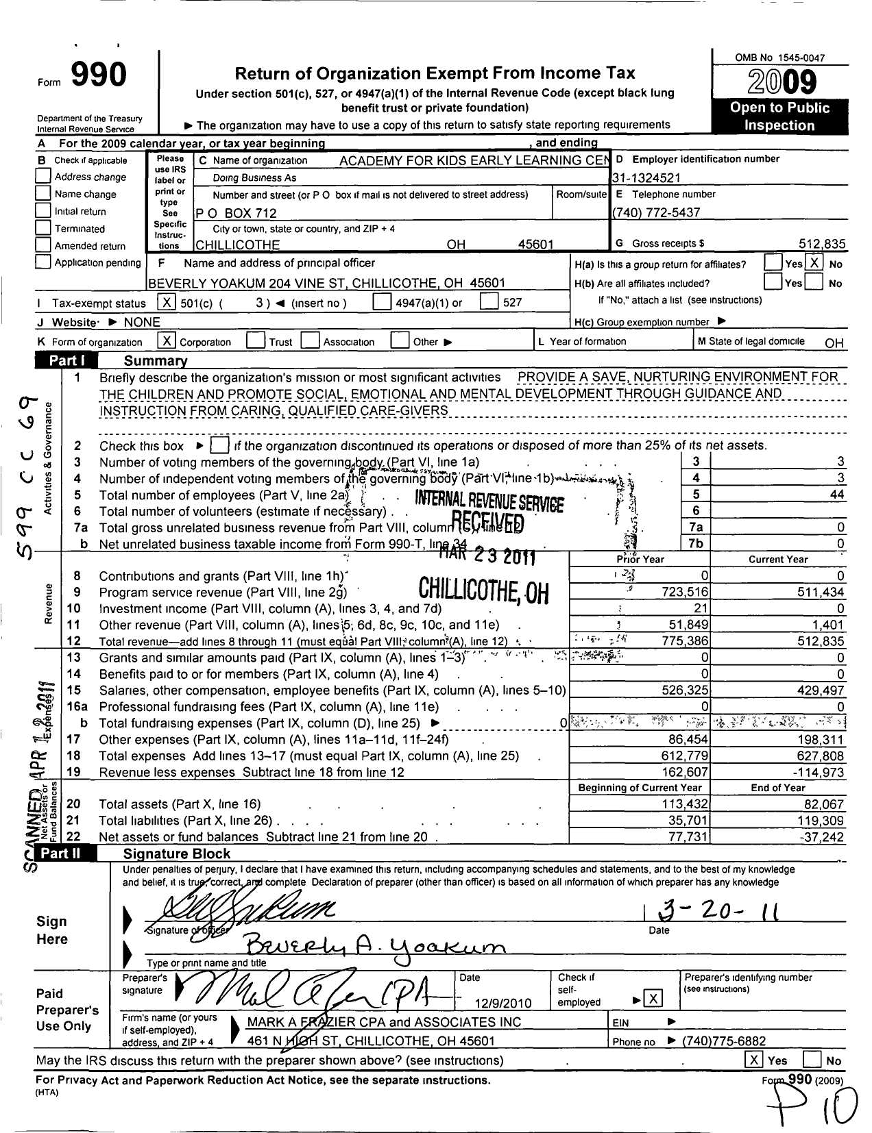 Image of first page of 2009 Form 990 for Academy for Kids Early Learning Center