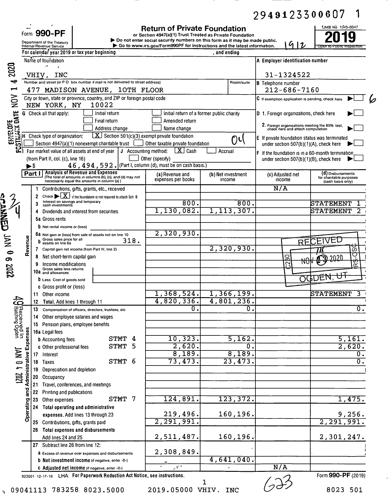 Image of first page of 2019 Form 990PF for Vhiv