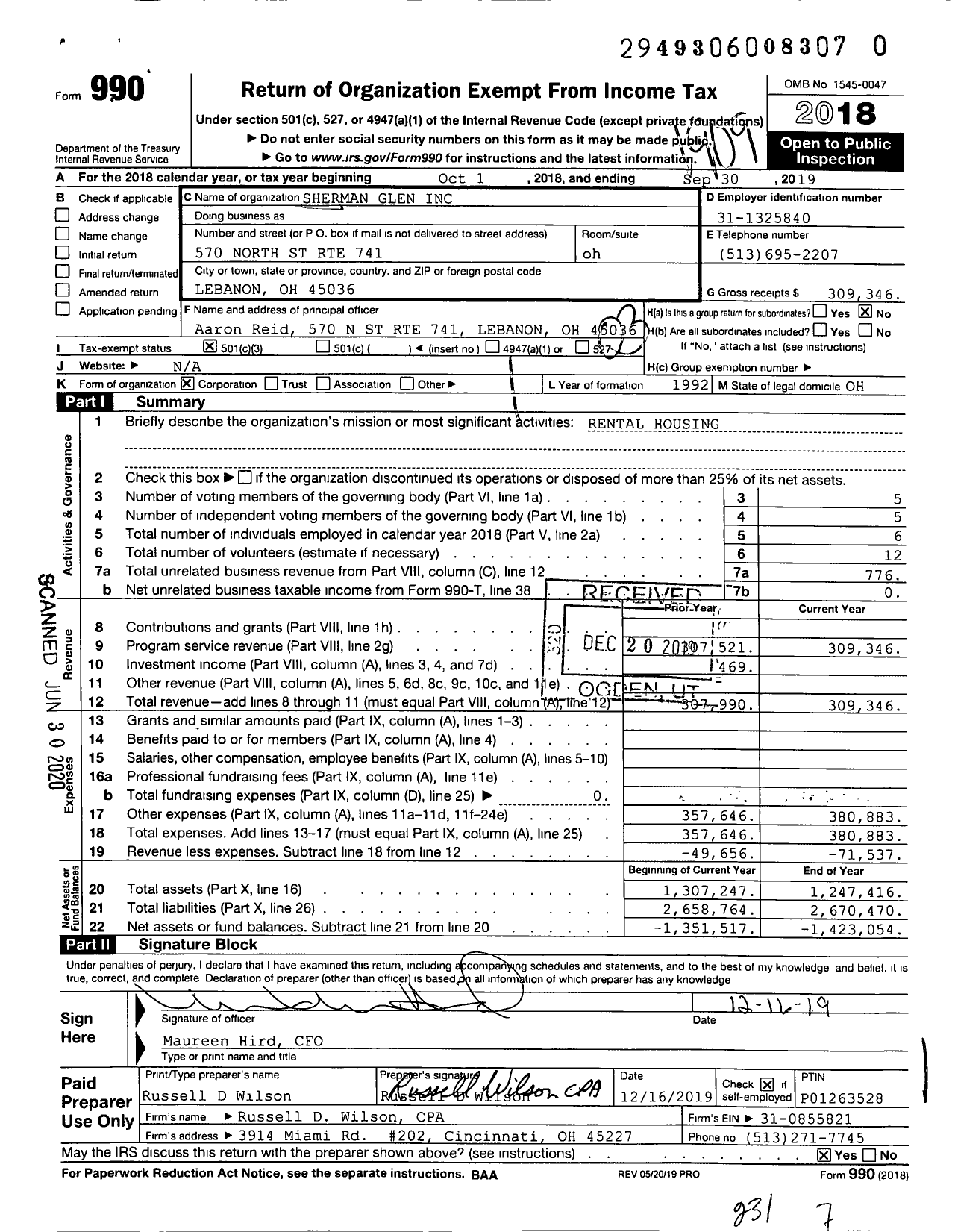 Image of first page of 2018 Form 990 for Sherman Glen