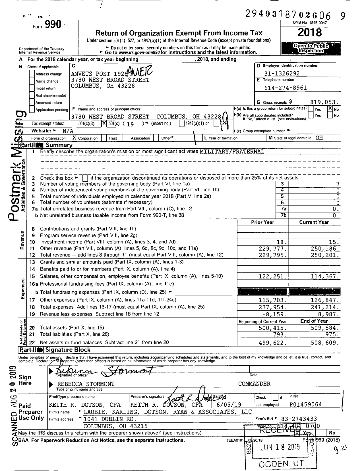 Image of first page of 2018 Form 990O for Amvets Post 1928