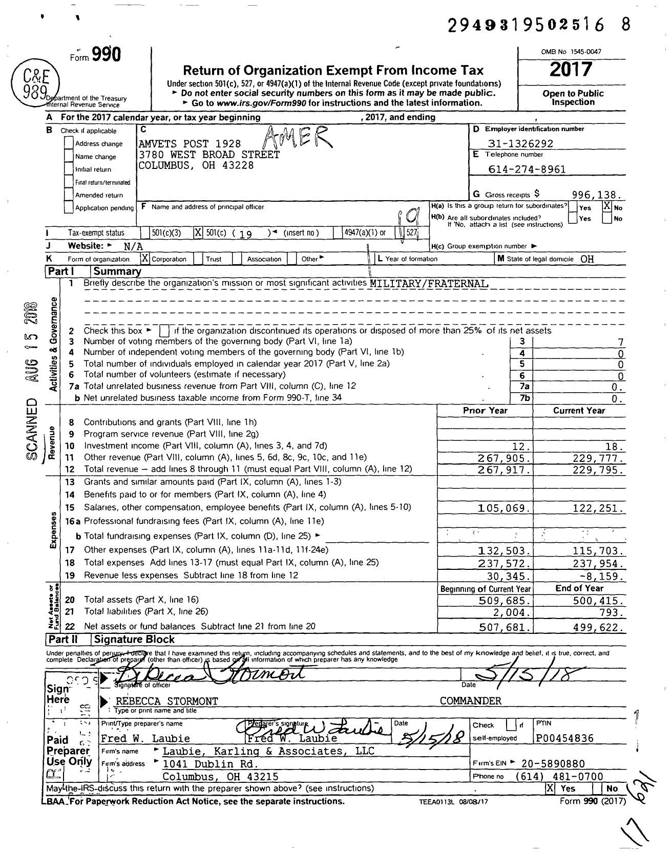 Image of first page of 2017 Form 990O for Amvets Post 1928