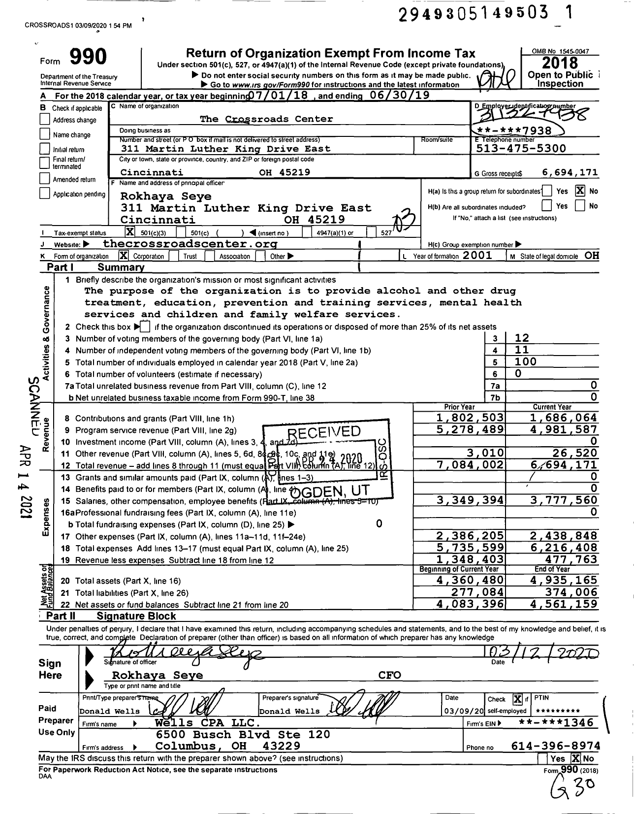 Image of first page of 2018 Form 990 for The Crossroads Center