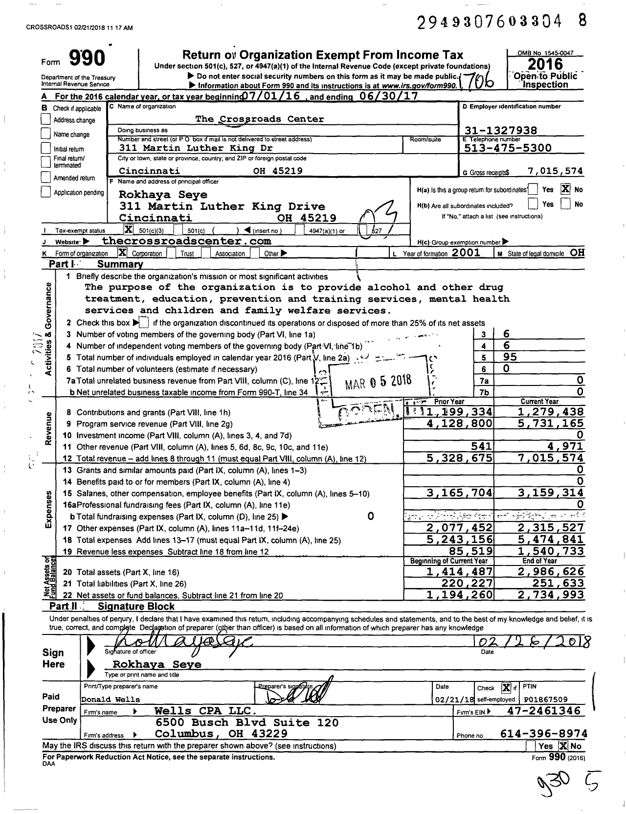 Image of first page of 2016 Form 990 for The Crossroads Center