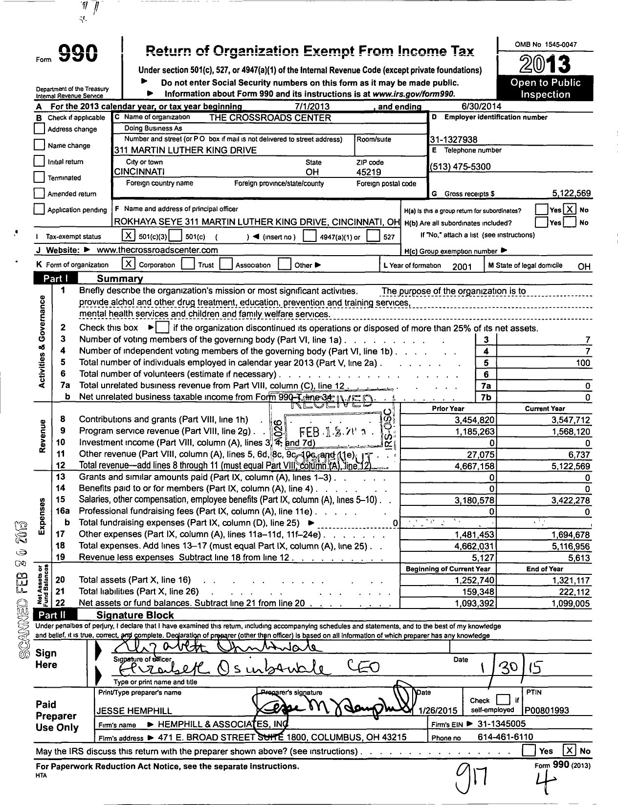 Image of first page of 2013 Form 990 for The Crossroads Center