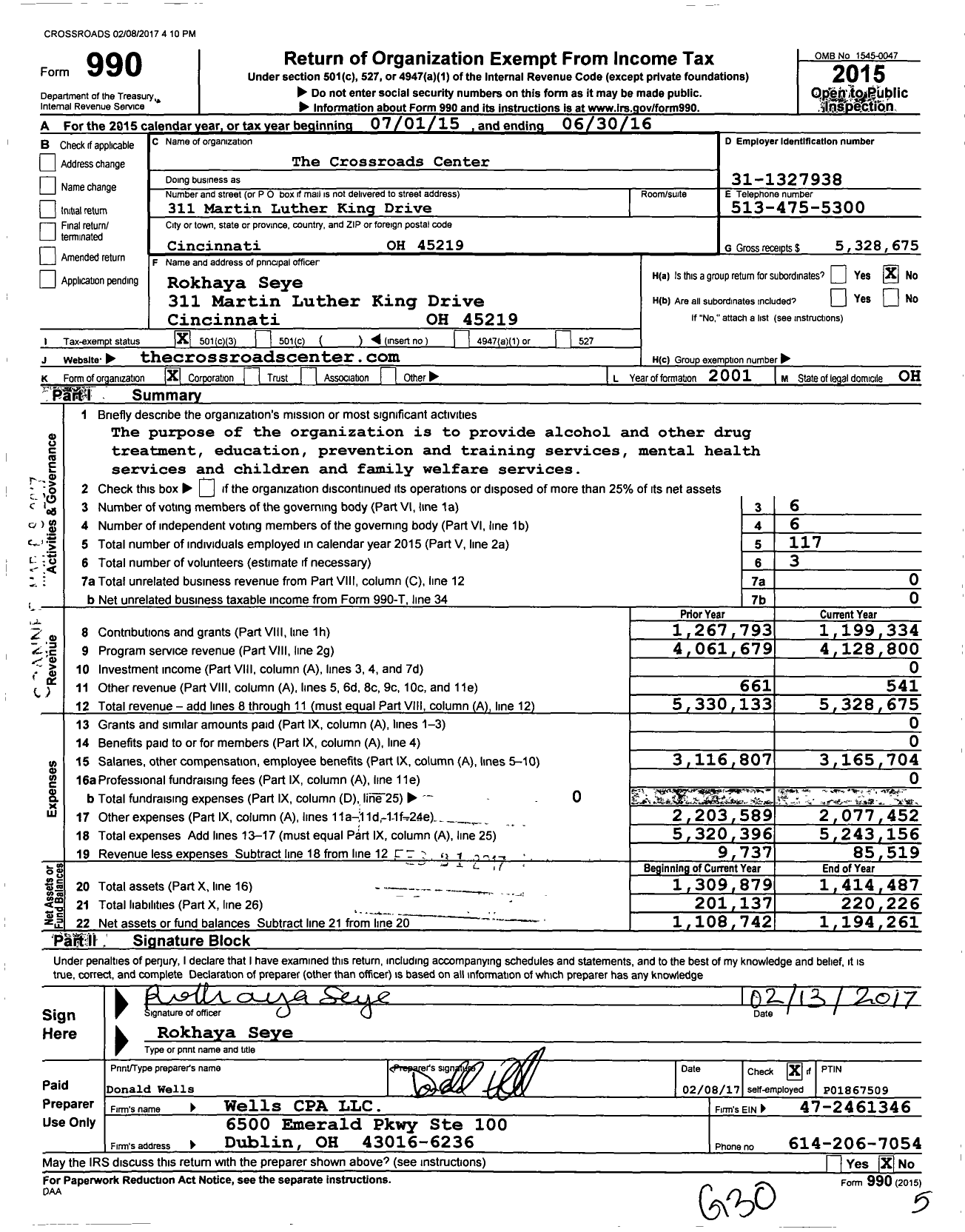 Image of first page of 2015 Form 990 for The Crossroads Center
