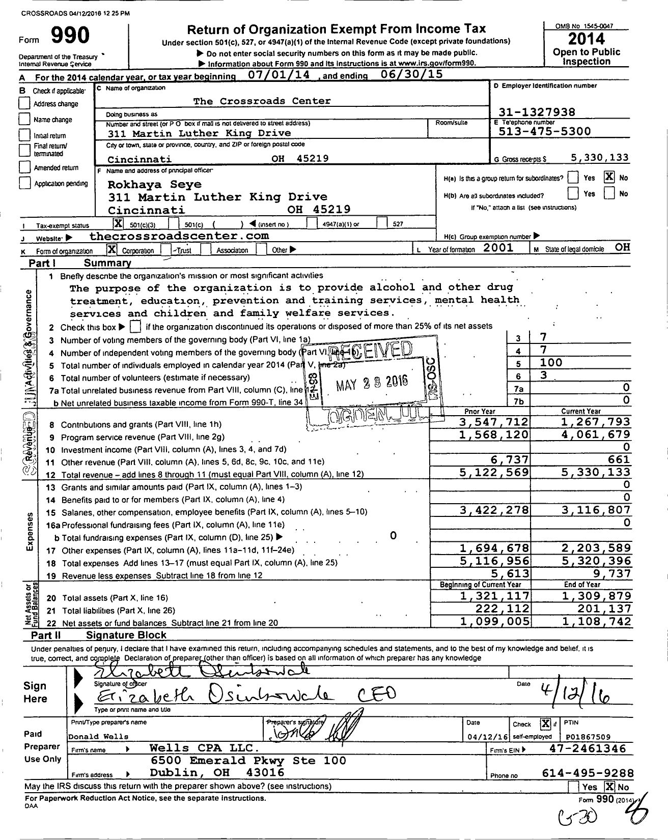 Image of first page of 2014 Form 990 for The Crossroads Center