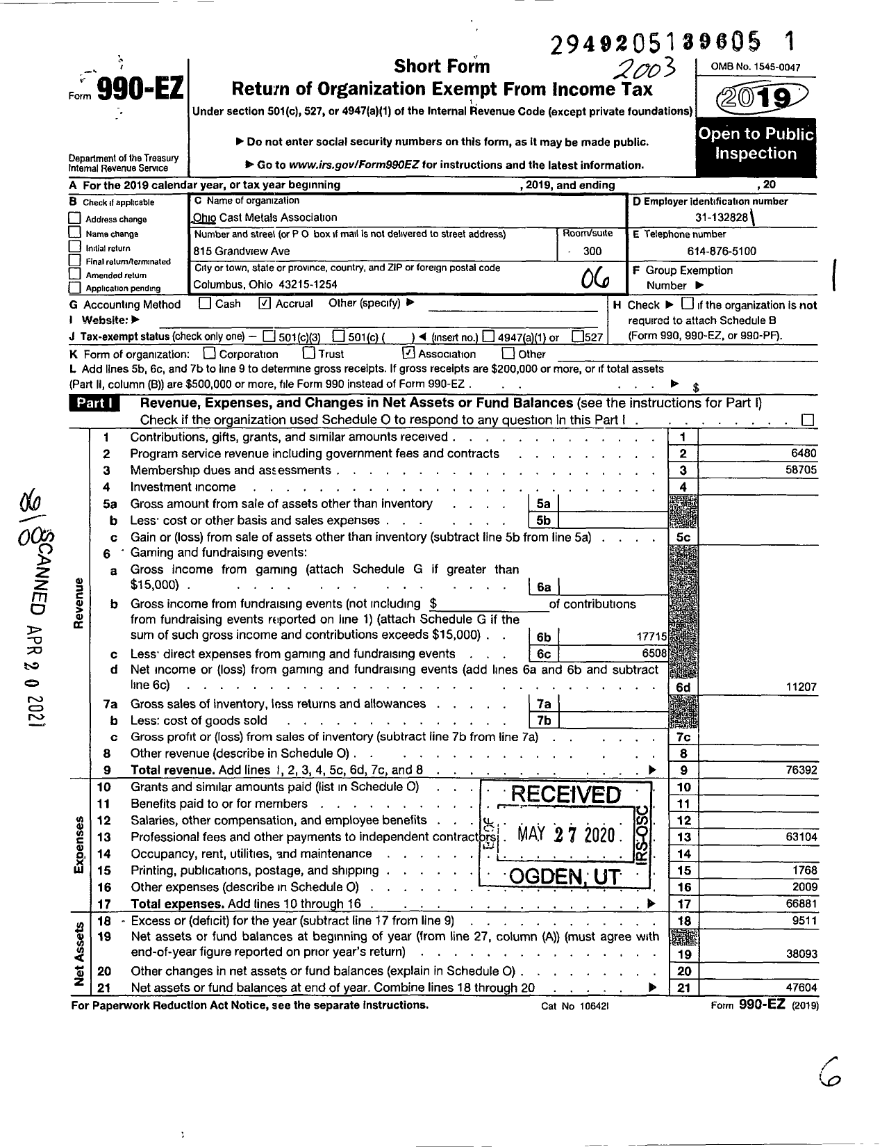 Image of first page of 2019 Form 990EO for Ohio Cast Metals Association (OCMA)