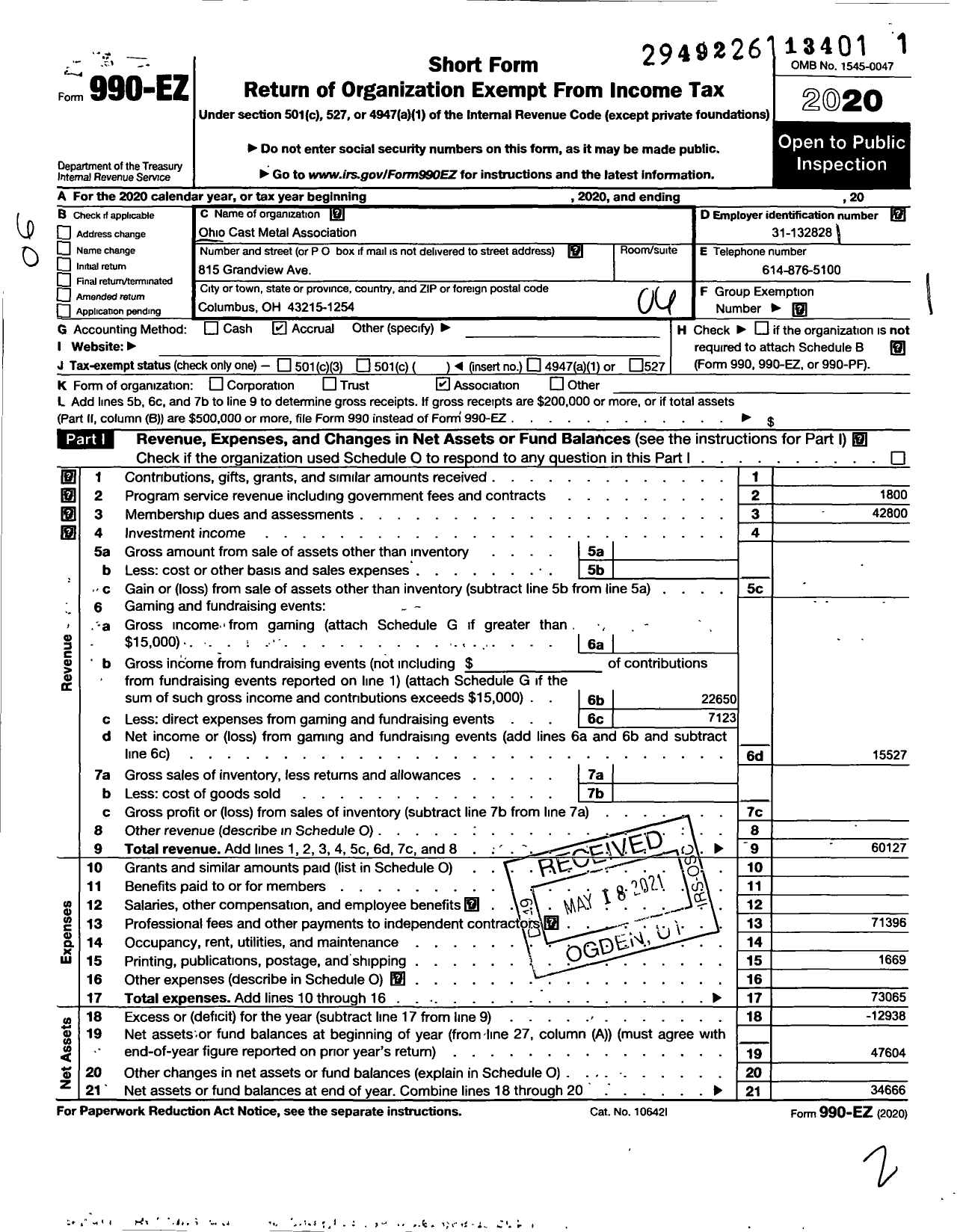 Image of first page of 2020 Form 990EO for Ohio Cast Metals Association (OCMA)