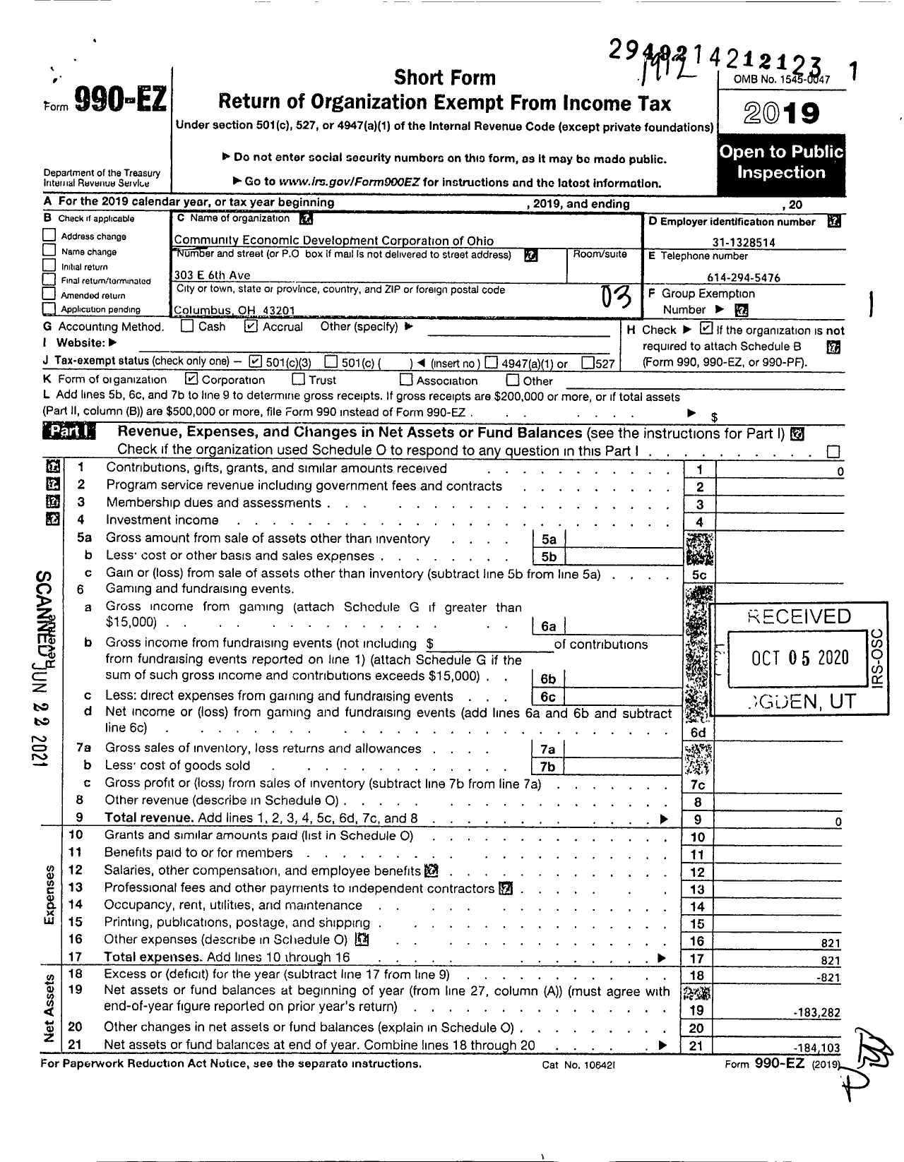 Image of first page of 2019 Form 990EZ for Community Economic Development Corporation of Ohio