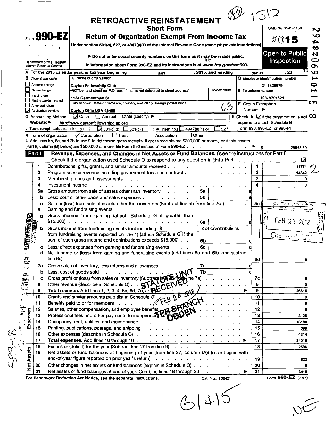 Image of first page of 2015 Form 990EZ for Dayton Fellowship Club Incorporated