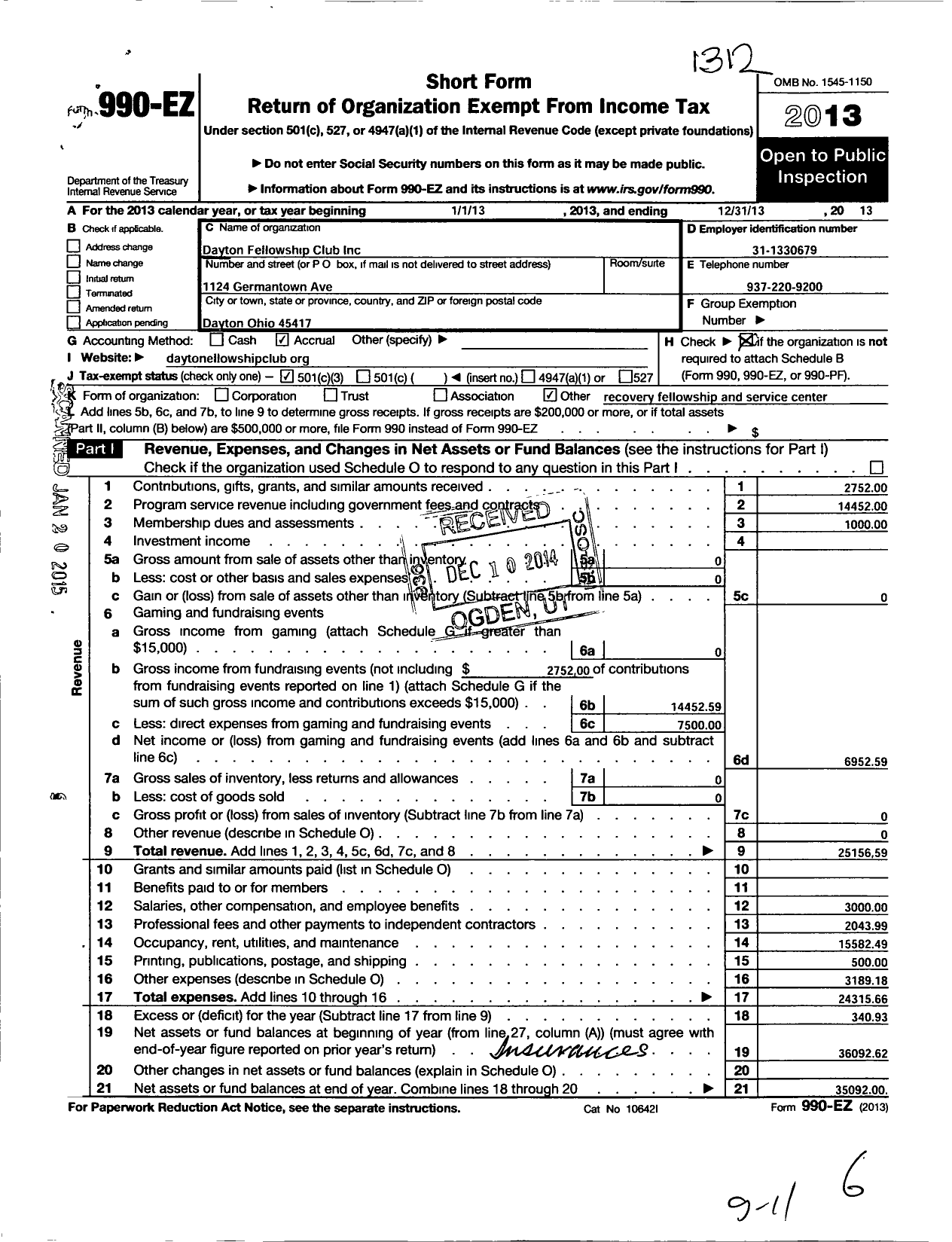 Image of first page of 2013 Form 990EZ for Dayton Fellowship Club Incorporated