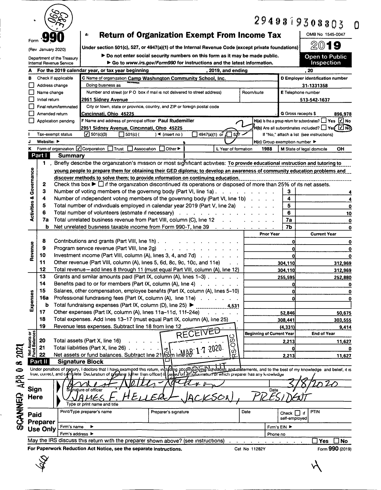 Image of first page of 2019 Form 990 for Camp Washington Community School