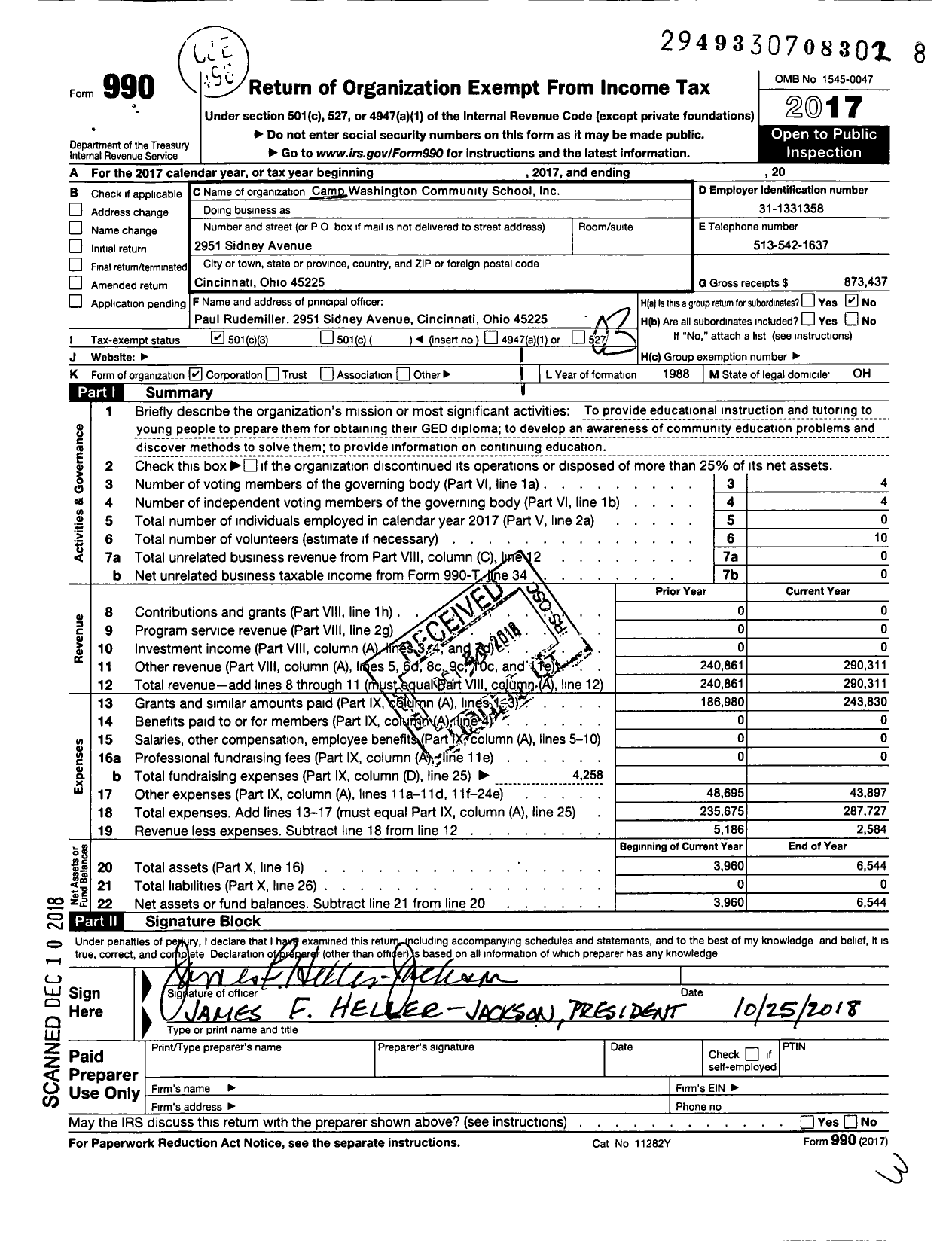 Image of first page of 2017 Form 990 for Camp Washington Community School