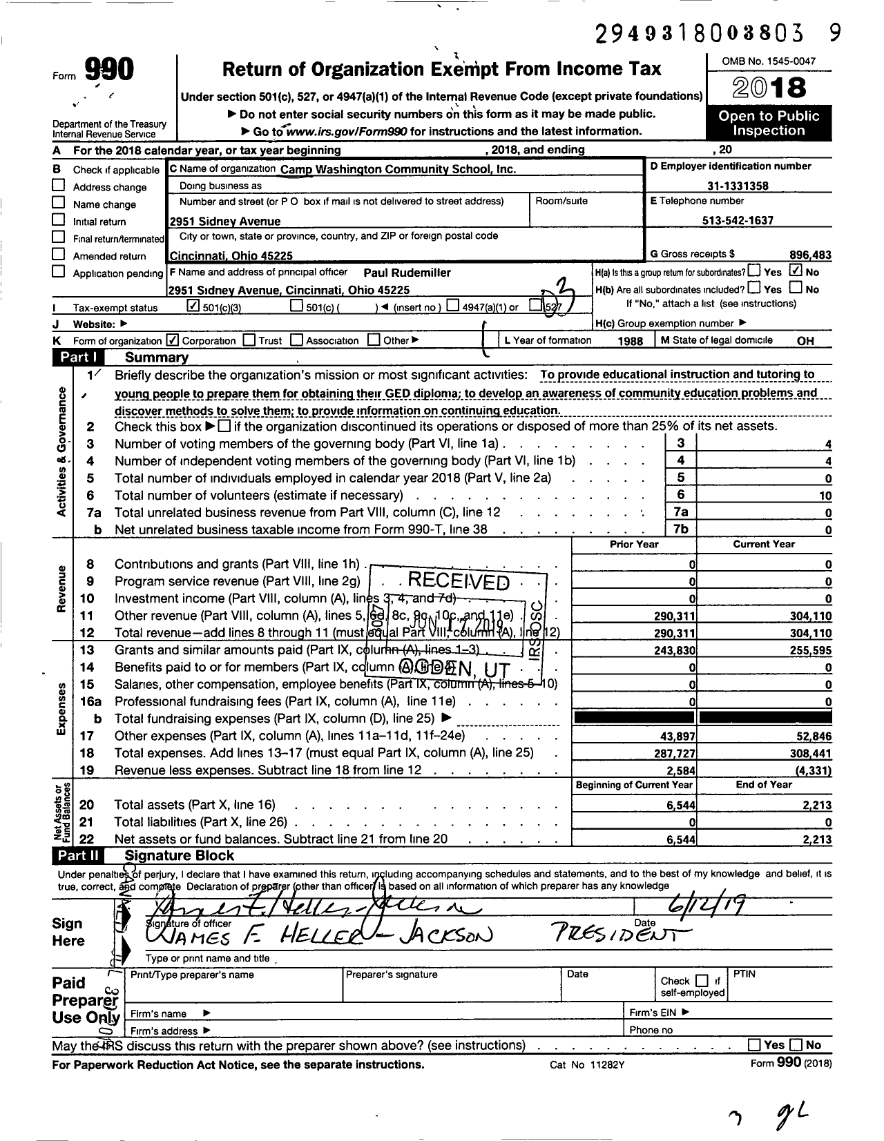 Image of first page of 2018 Form 990 for Camp Washington Community School