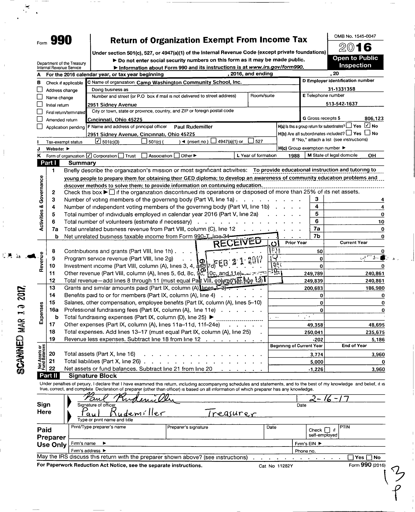 Image of first page of 2016 Form 990 for Camp Washington Community School