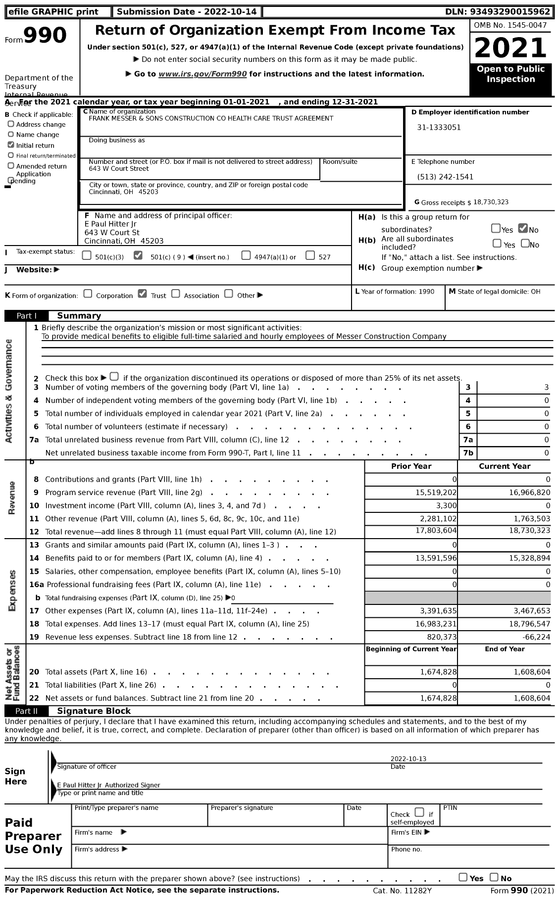 Image of first page of 2021 Form 990 for Frank Messer and Sons Construction Construction Health Care Trust Agreement