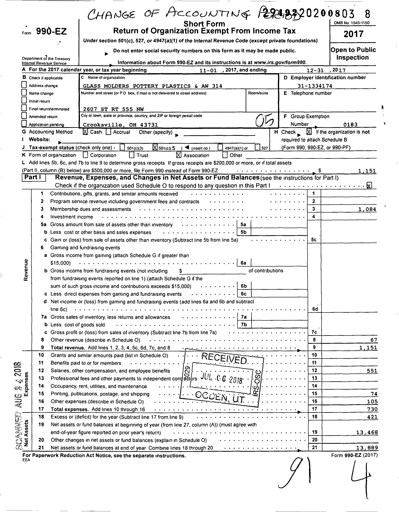 Image of first page of 2017 Form 990EO for United Steelworkers - 00314m Local