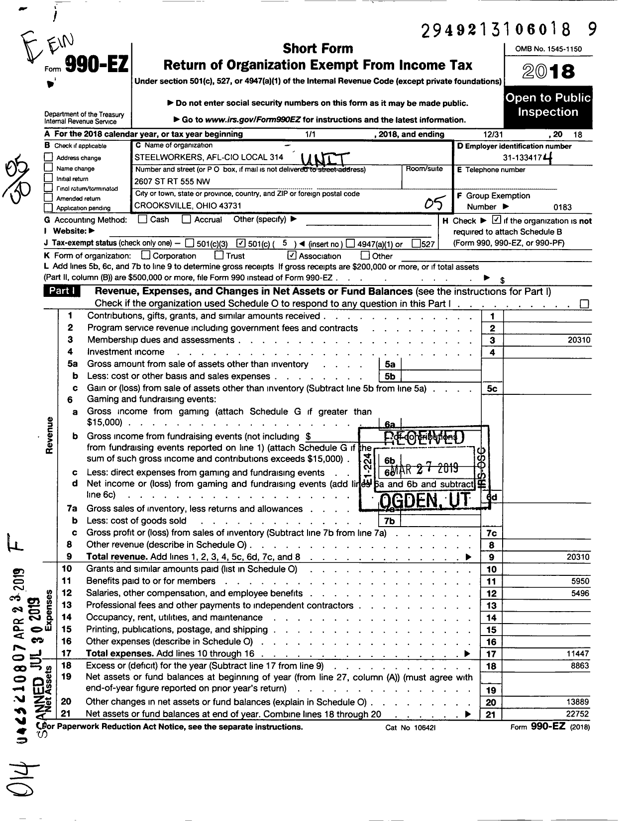 Image of first page of 2018 Form 990EO for United Steelworkers - 00314m Local