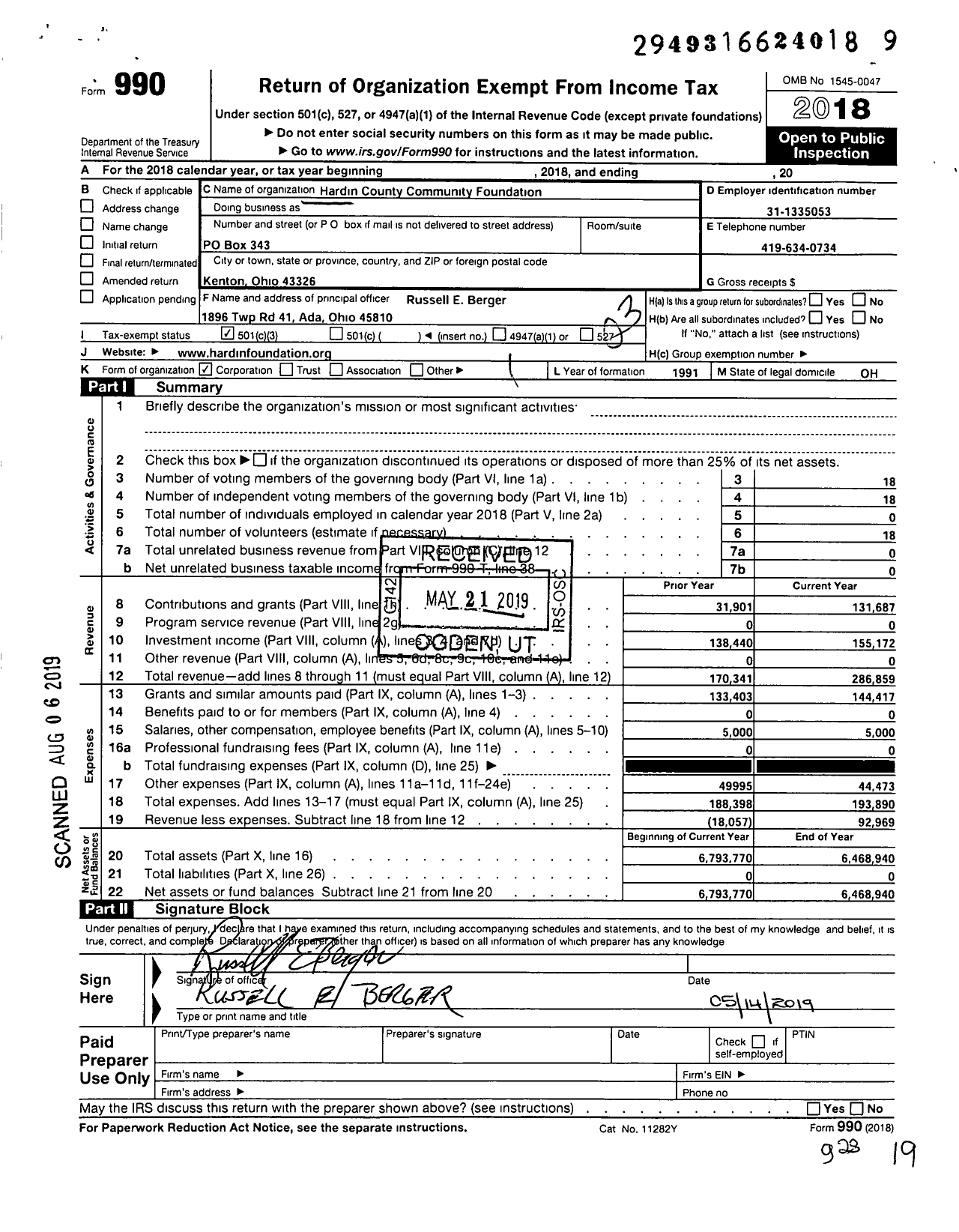 Image of first page of 2018 Form 990 for Hardin County Community Foundation