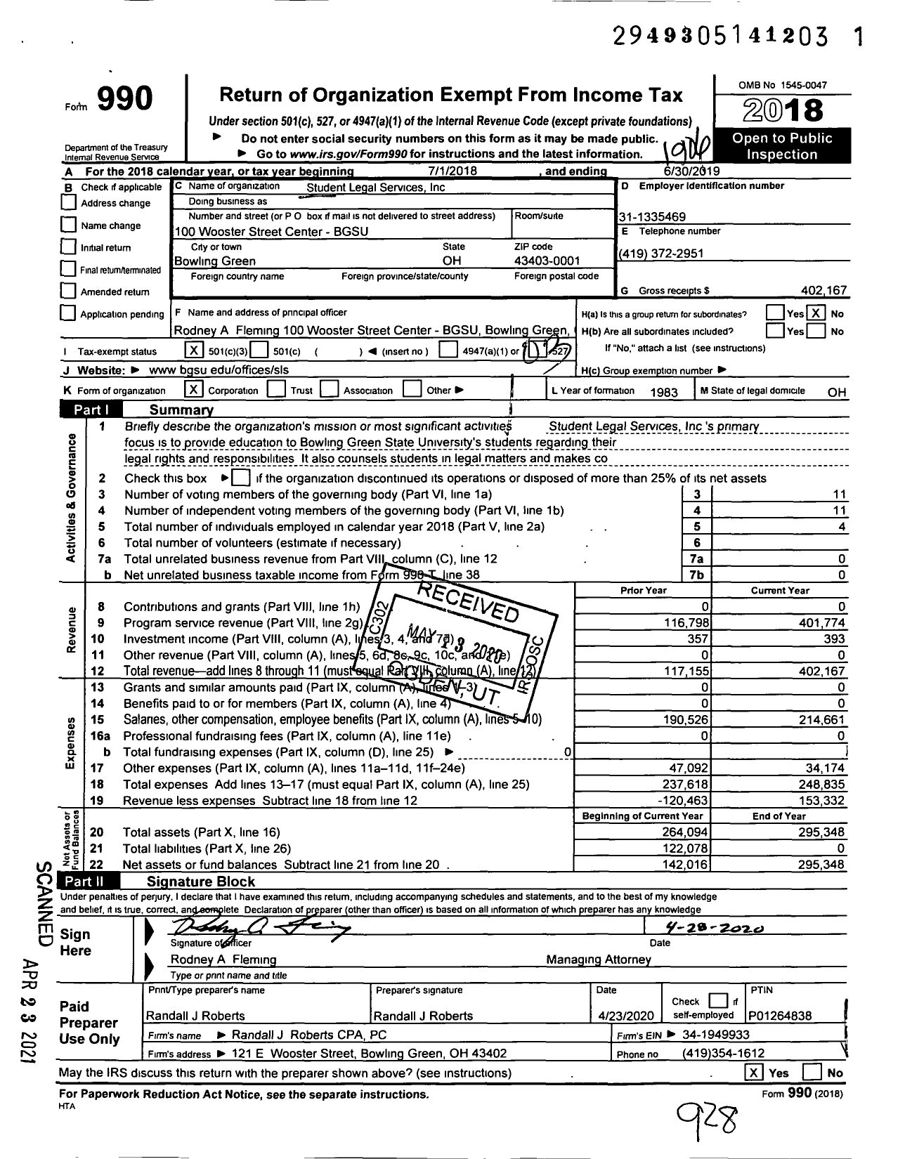 Image of first page of 2018 Form 990 for Student Legal Services