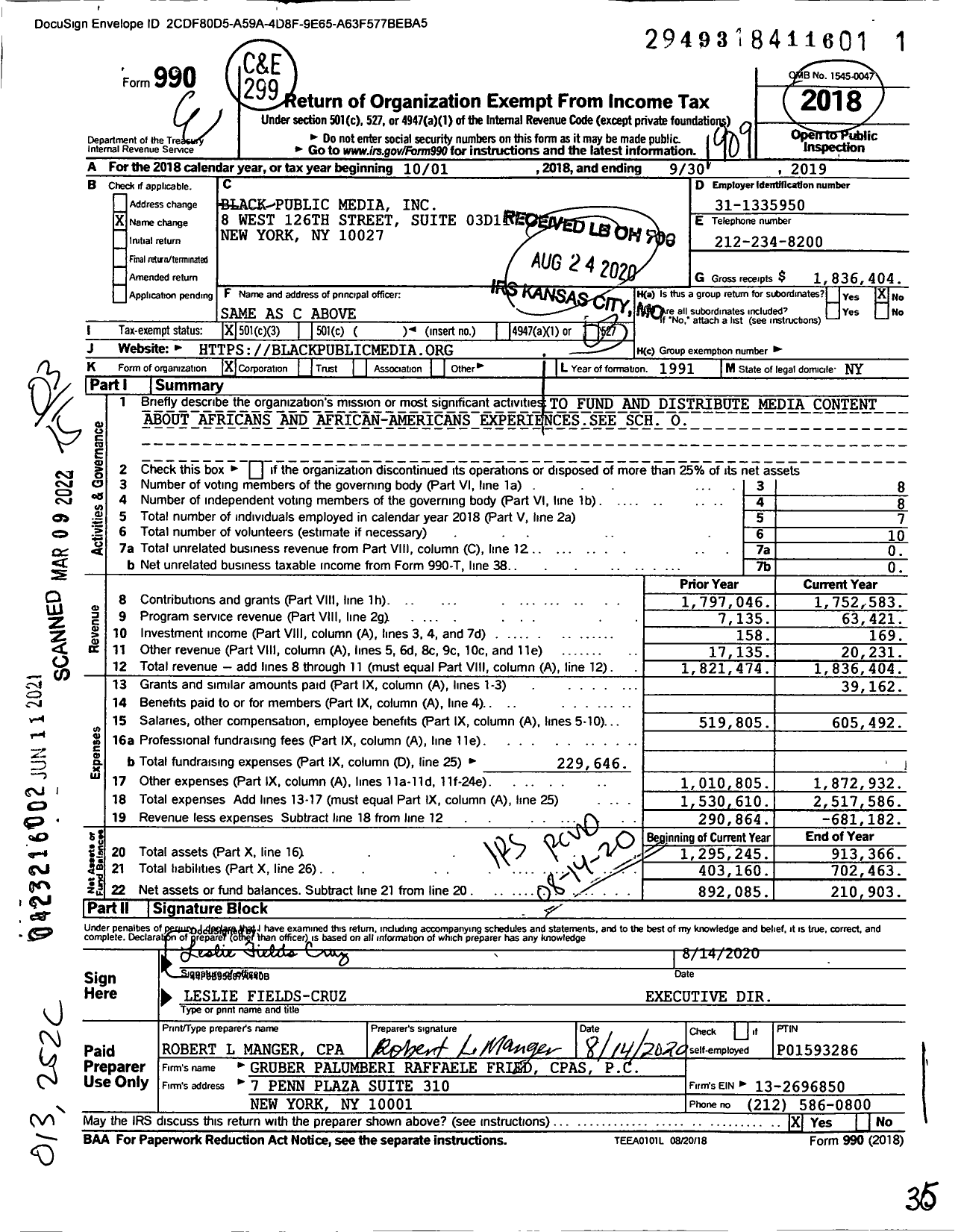 Image of first page of 2018 Form 990 for Black Public Media (NBPC)