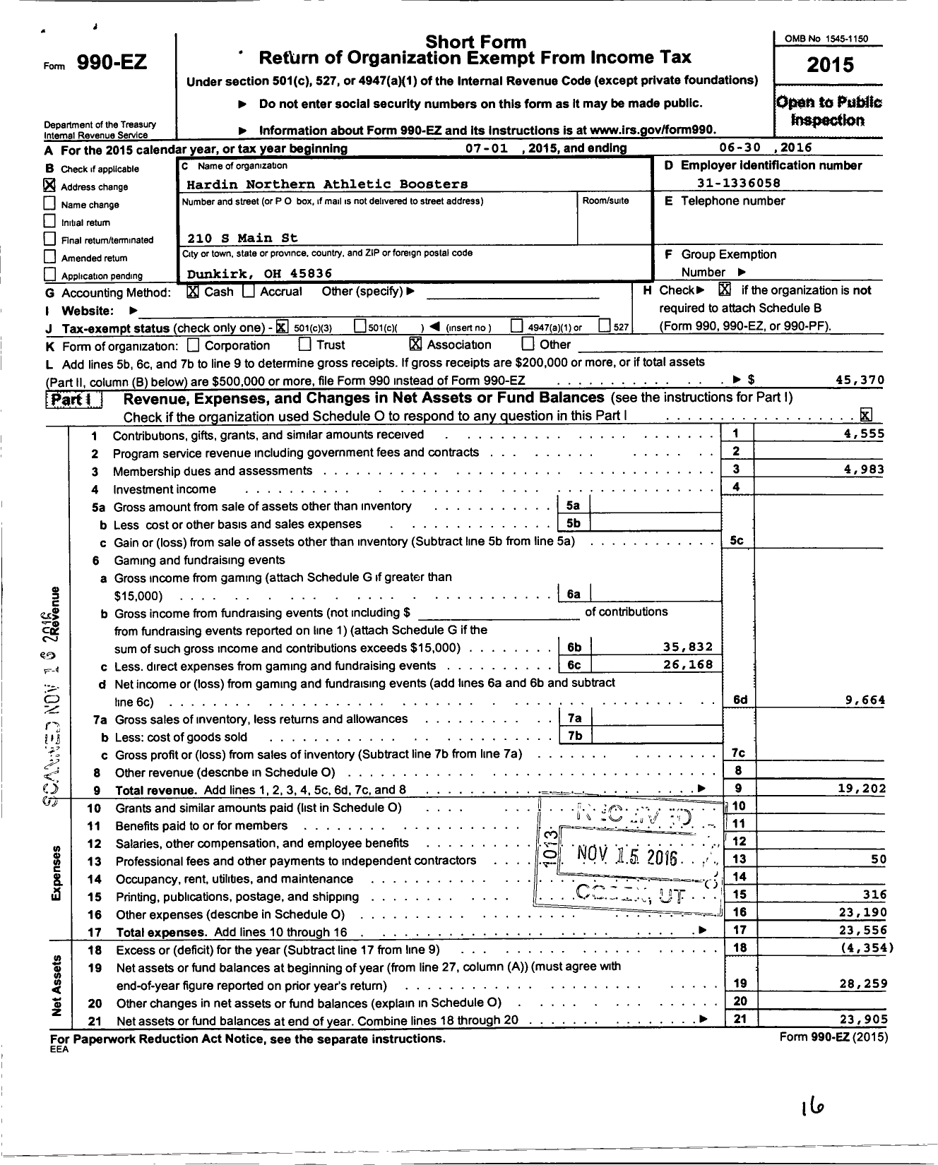 Image of first page of 2015 Form 990EZ for Hardin Northern Athletic Boosters