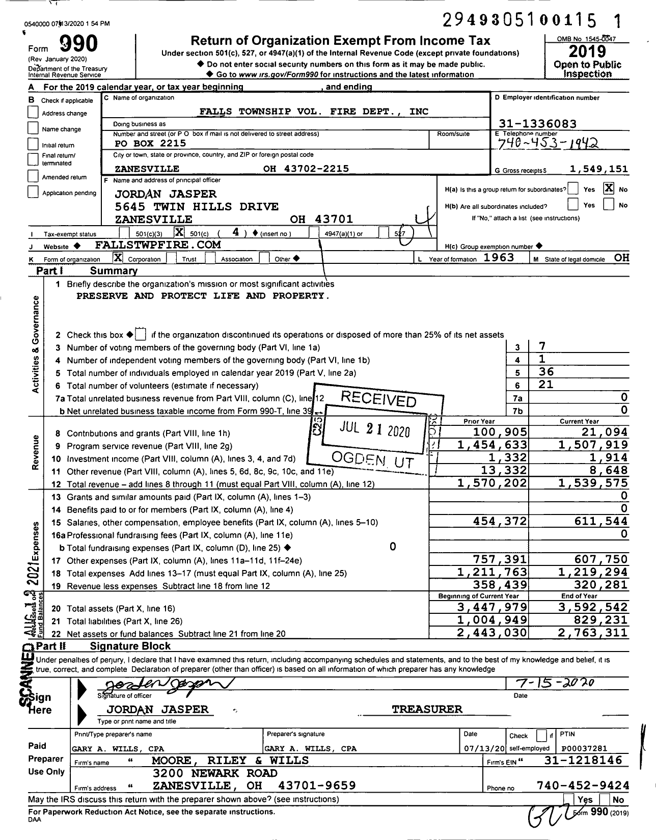 Image of first page of 2019 Form 990O for Falls Township Volunteer Fire Dept
