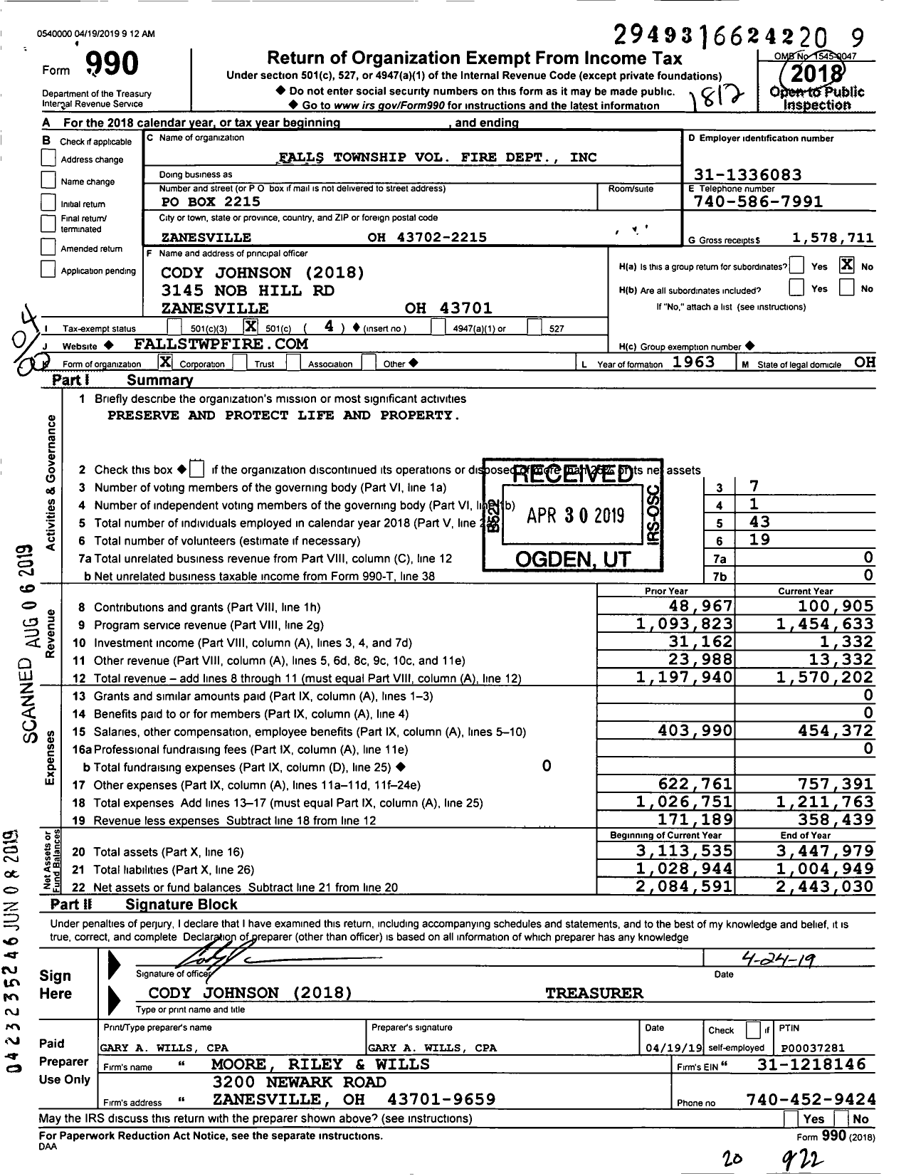 Image of first page of 2018 Form 990O for Falls Township Volunteer Fire Dept