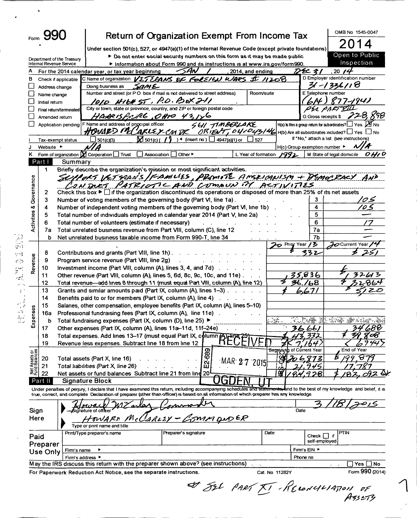 Image of first page of 2014 Form 990O for Ohio VFW - 11208 Harrisburg Memorial VFW Post