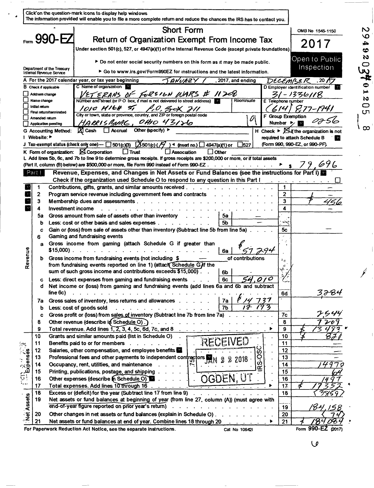 Image of first page of 2017 Form 990EO for Ohio VFW - 11208 Harrisburg Memorial VFW Post