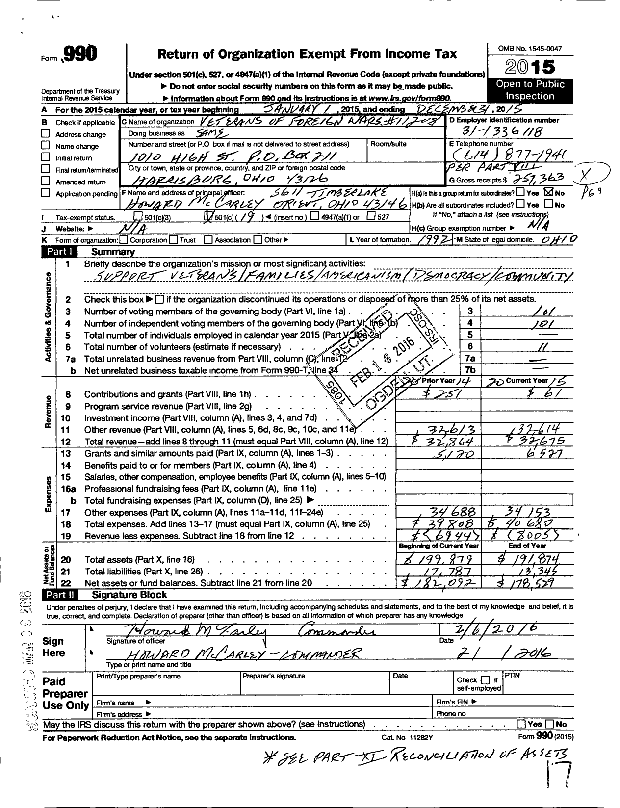 Image of first page of 2015 Form 990O for Ohio VFW - 11208 Harrisburg Memorial VFW Post