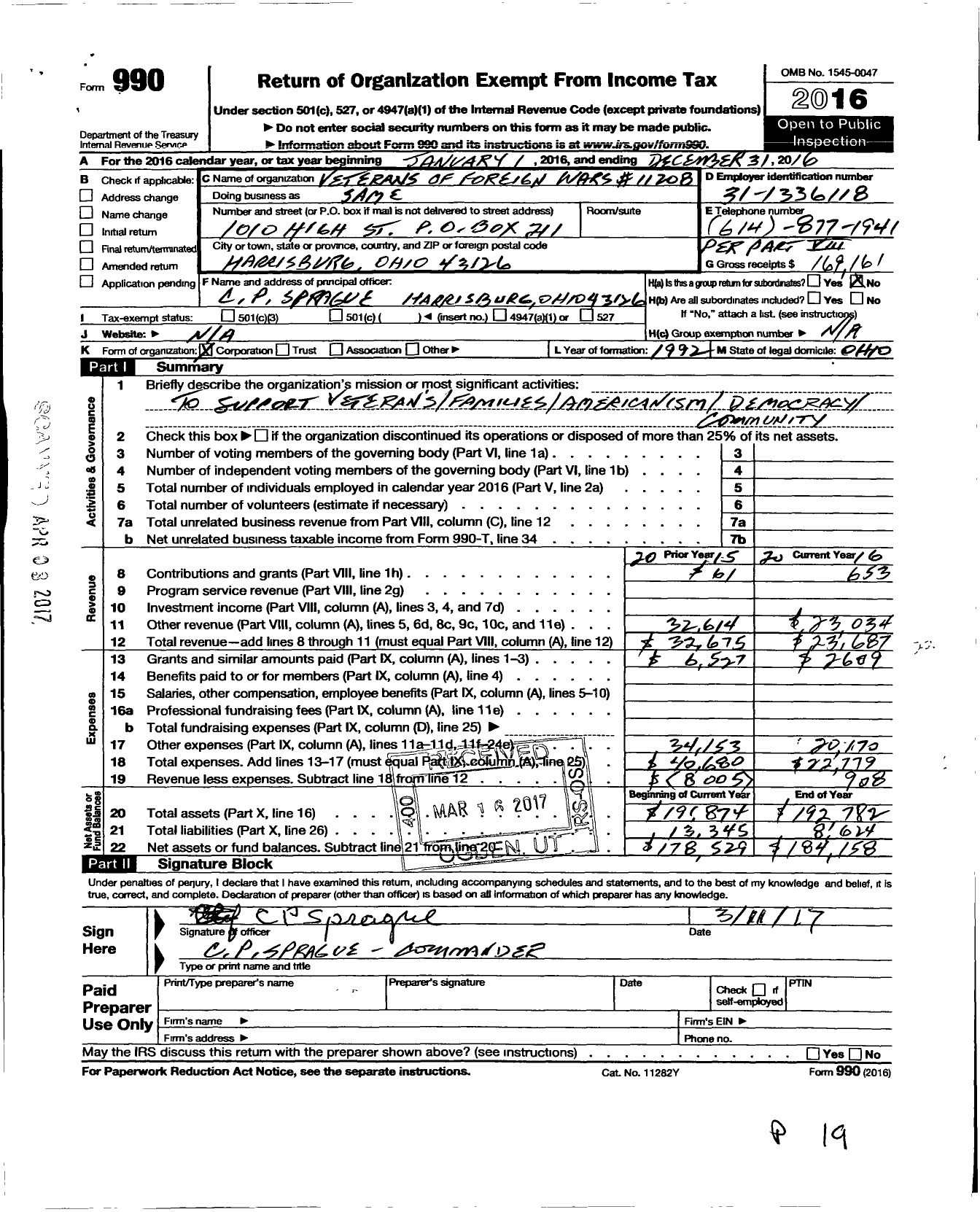 Image of first page of 2016 Form 990O for Ohio VFW - 11208 Harrisburg Memorial VFW Post