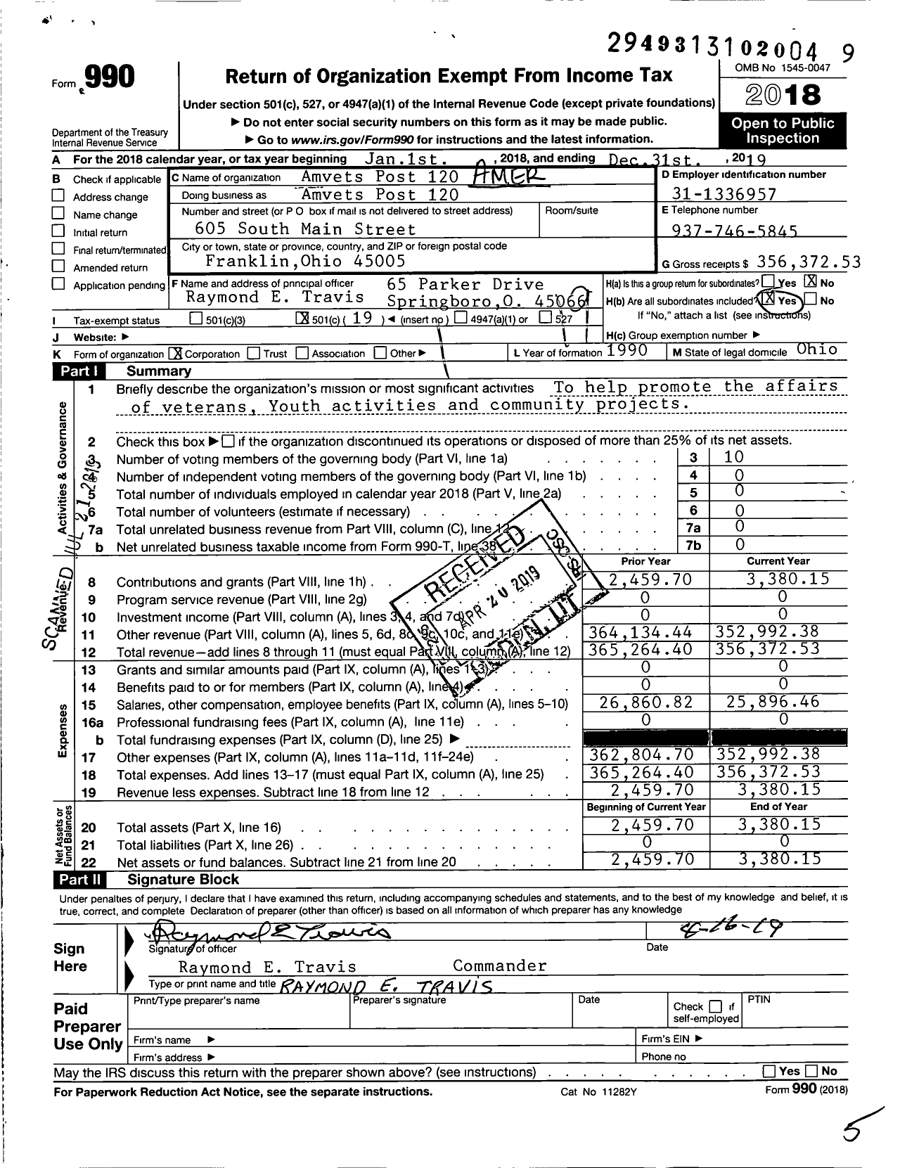 Image of first page of 2019 Form 990O for AMVETS - 0120-oh