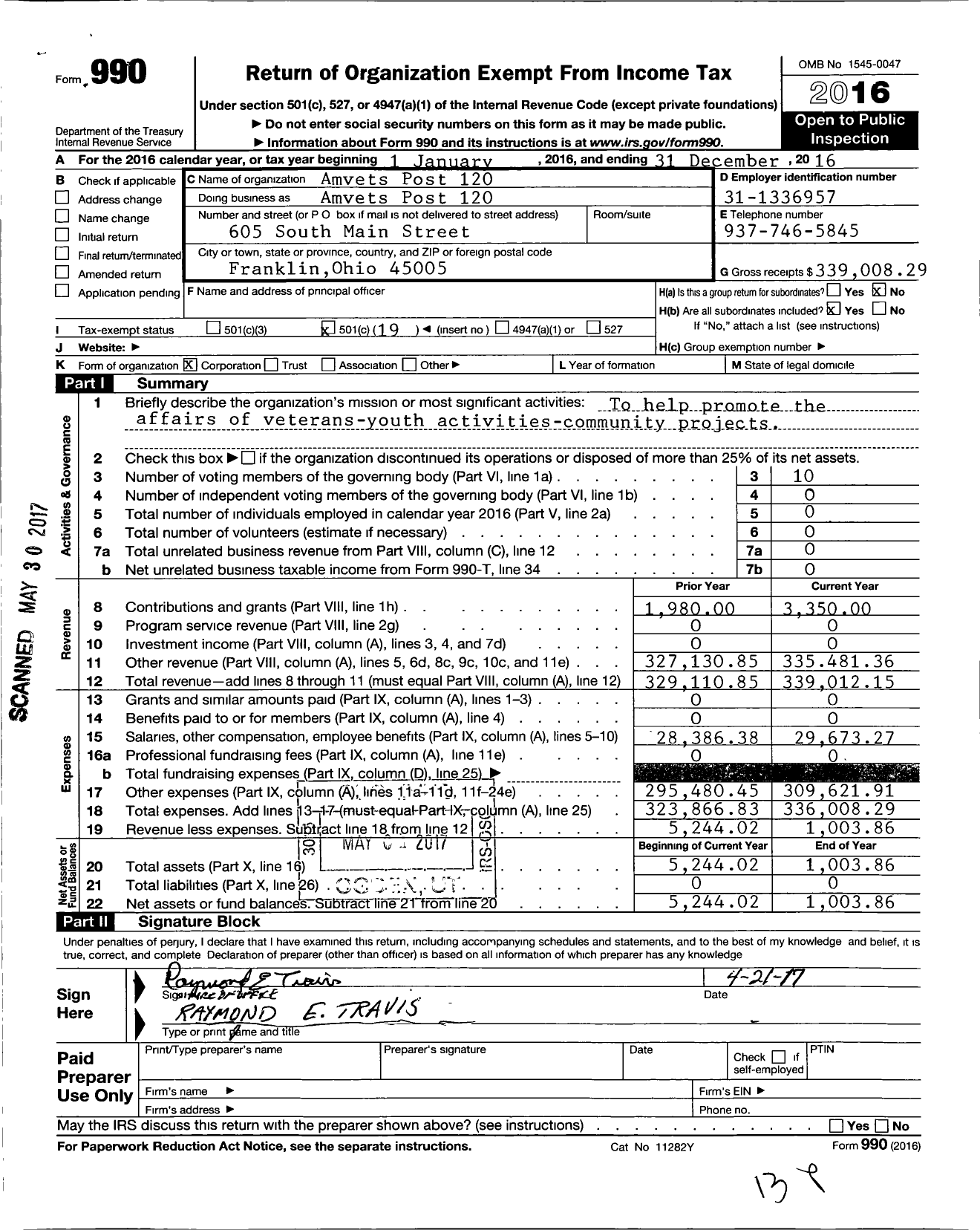 Image of first page of 2016 Form 990O for AMVETS - 0120-oh