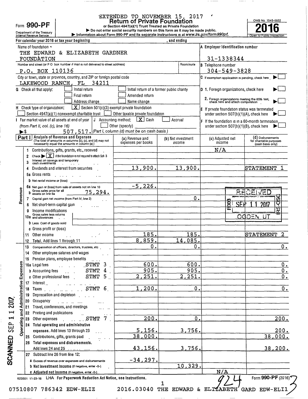Image of first page of 2016 Form 990PF for The Edward and Elizabeth Gardner Foundation