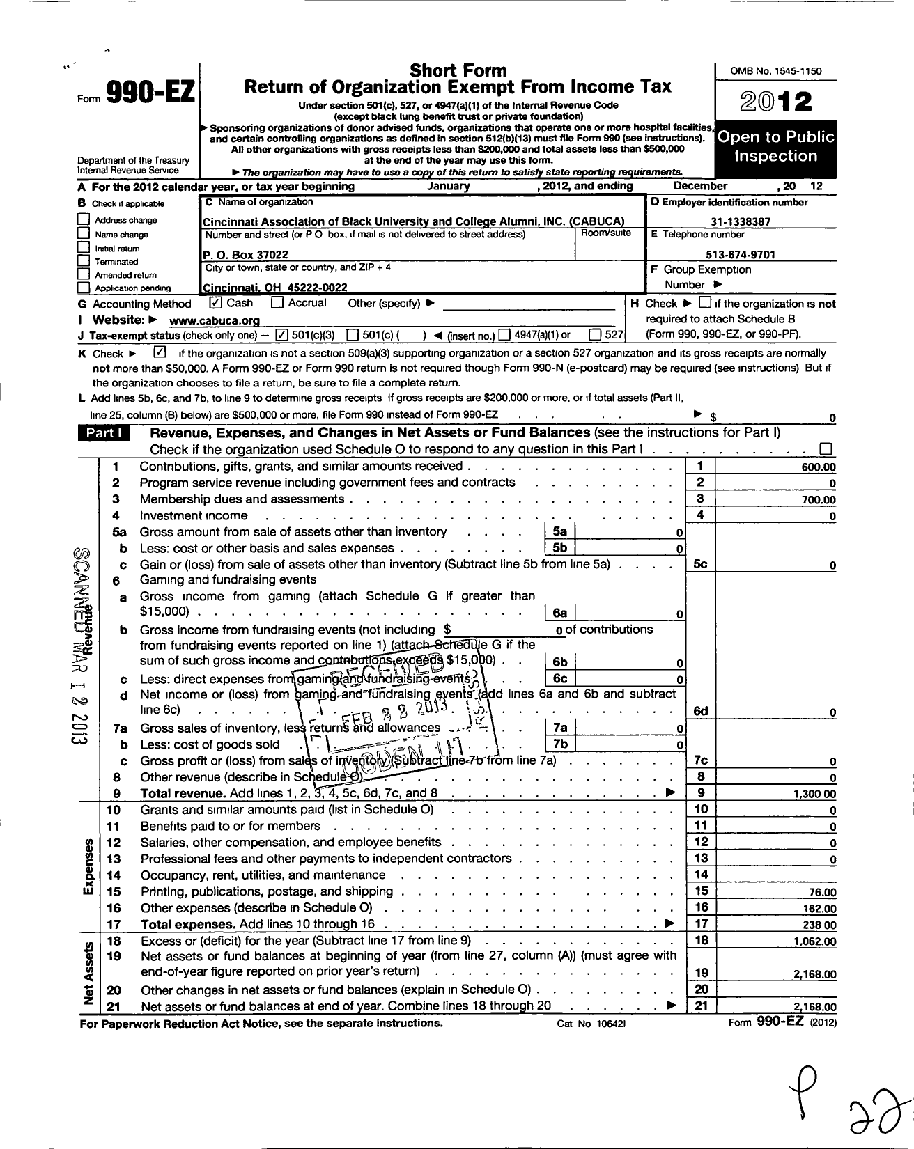 Image of first page of 2012 Form 990EZ for Cincinnati Association of Black University and College Alumni