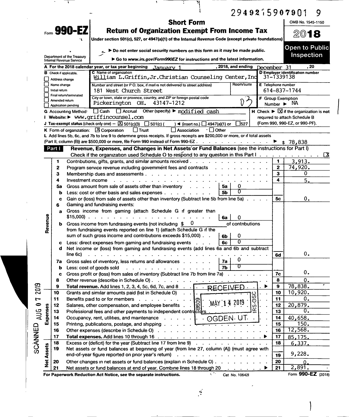 Image of first page of 2018 Form 990EZ for William L Griffin JR Christian Counseling Center