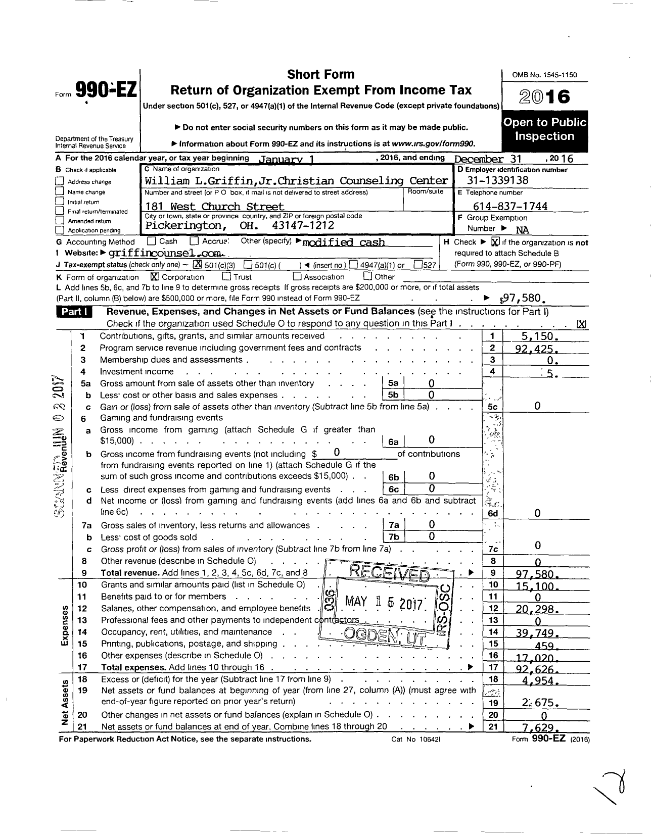 Image of first page of 2016 Form 990EZ for William L Griffin JR Christian Counseling Center