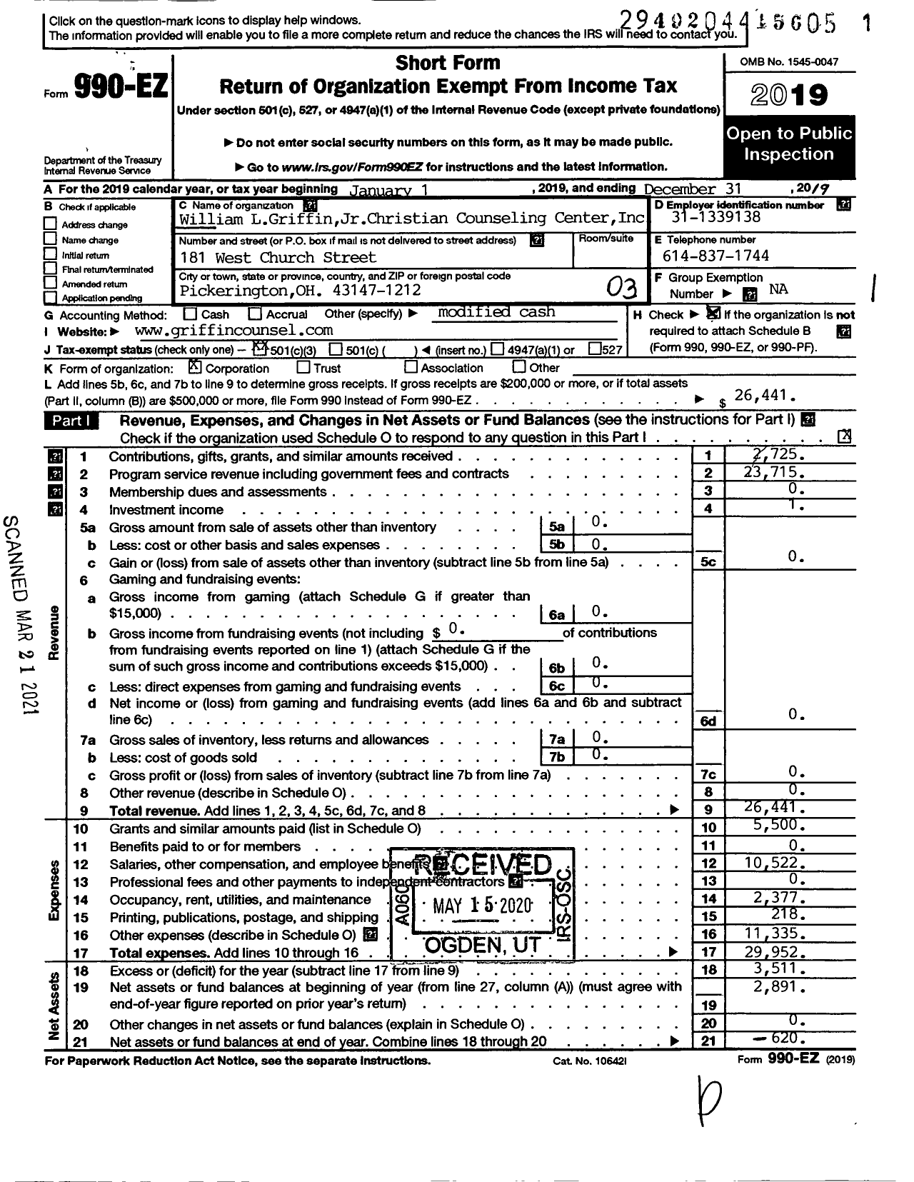 Image of first page of 2019 Form 990EZ for William L Griffin JR Christian Counseling Center