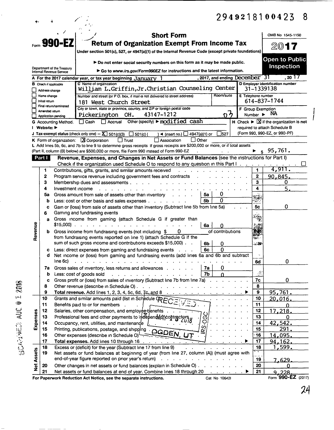 Image of first page of 2017 Form 990EZ for William L Griffin JR Christian Counseling Center