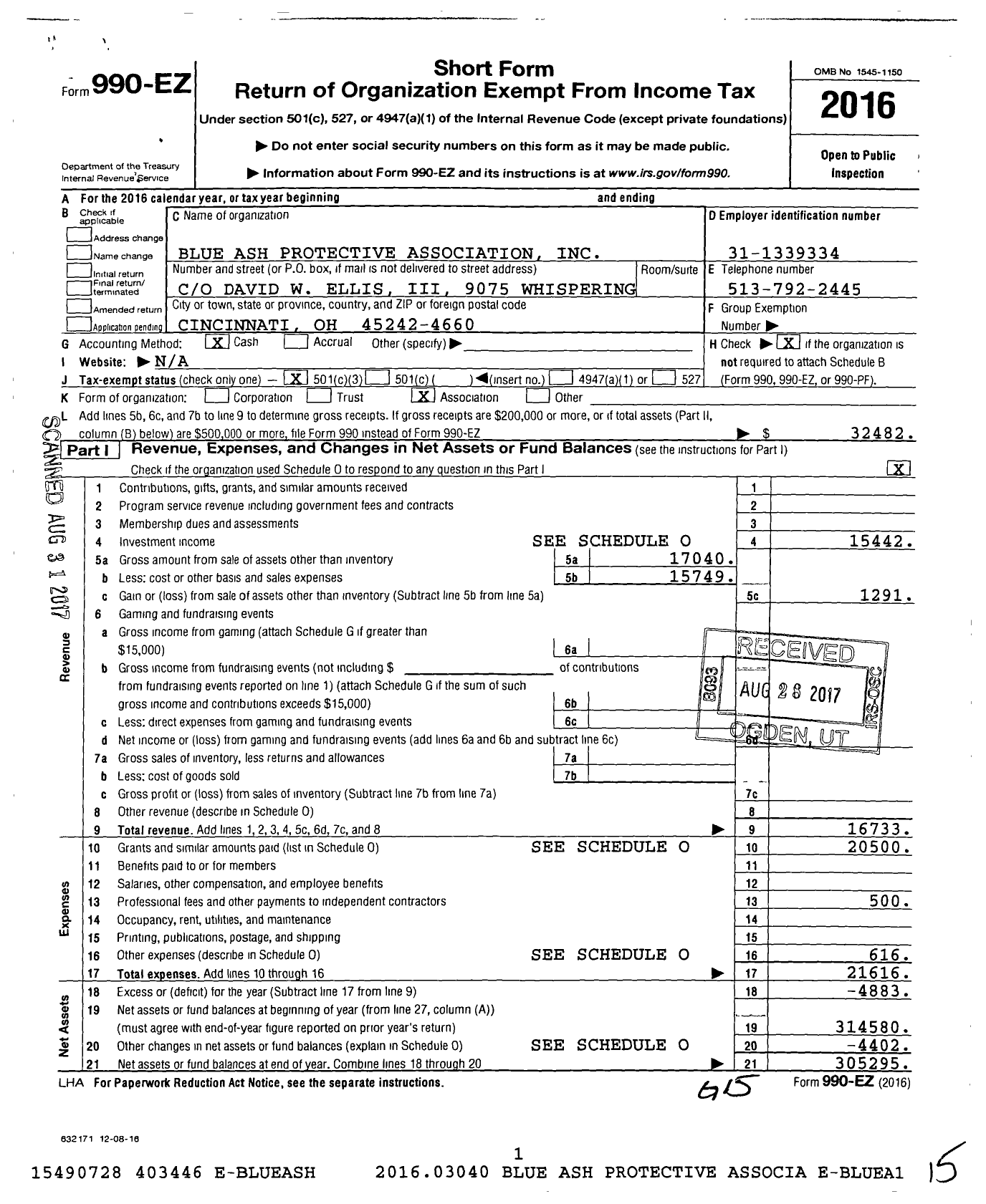 Image of first page of 2016 Form 990EZ for Blue Ash Protective Association