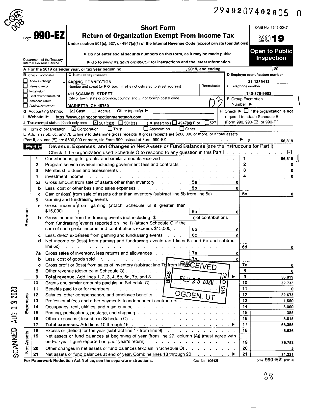 Image of first page of 2019 Form 990EZ for Caring Connection