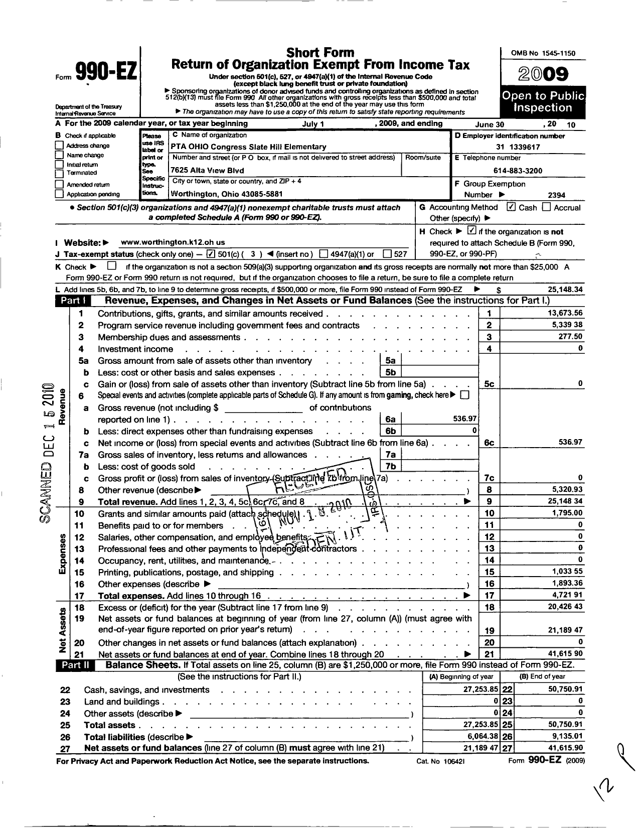 Image of first page of 2009 Form 990EZ for PTA Ohio Congress / State Hill Elementary